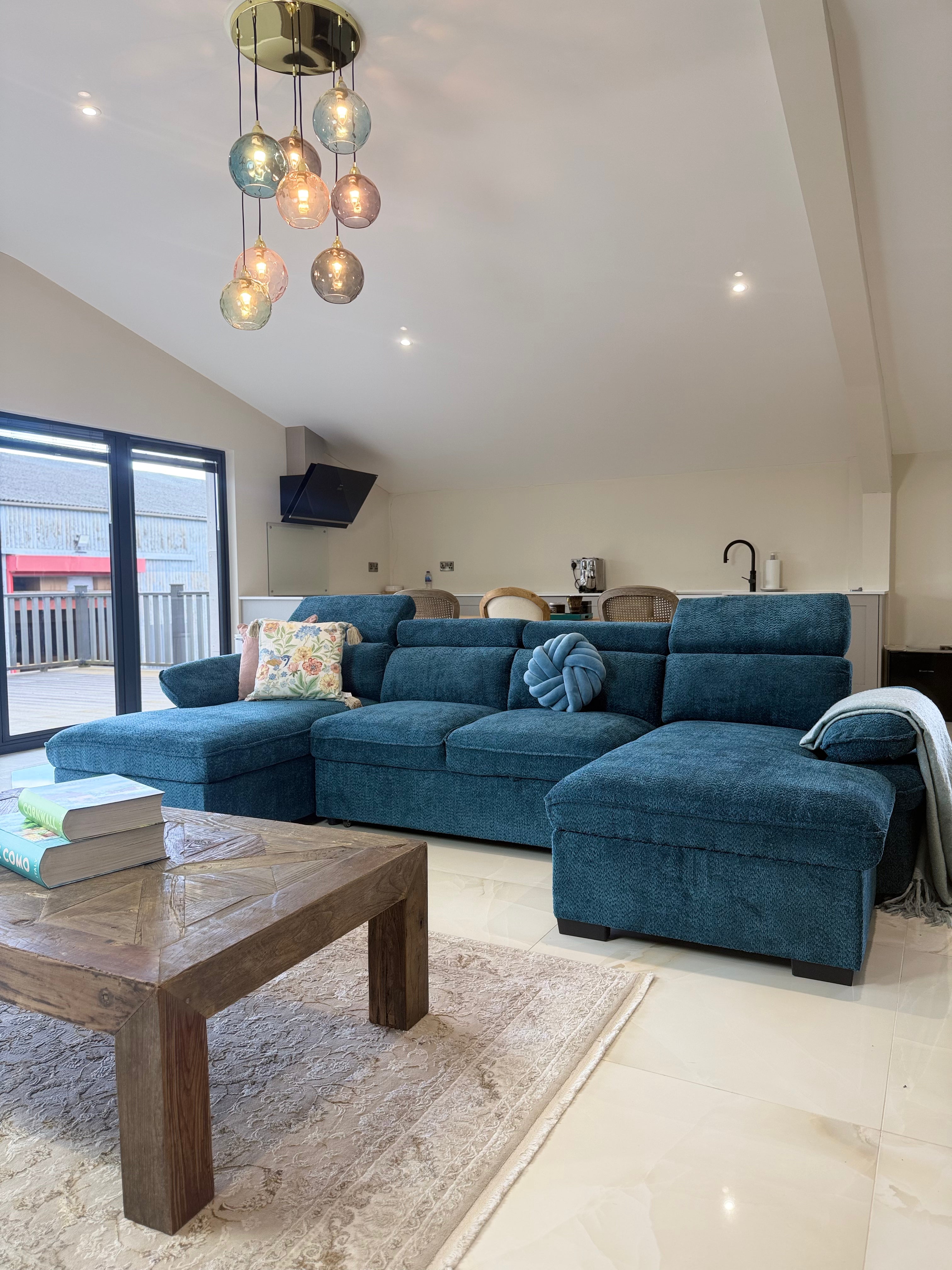 Billie U Shape Sofa Bed in Blue with Lift Up Storage Beehive