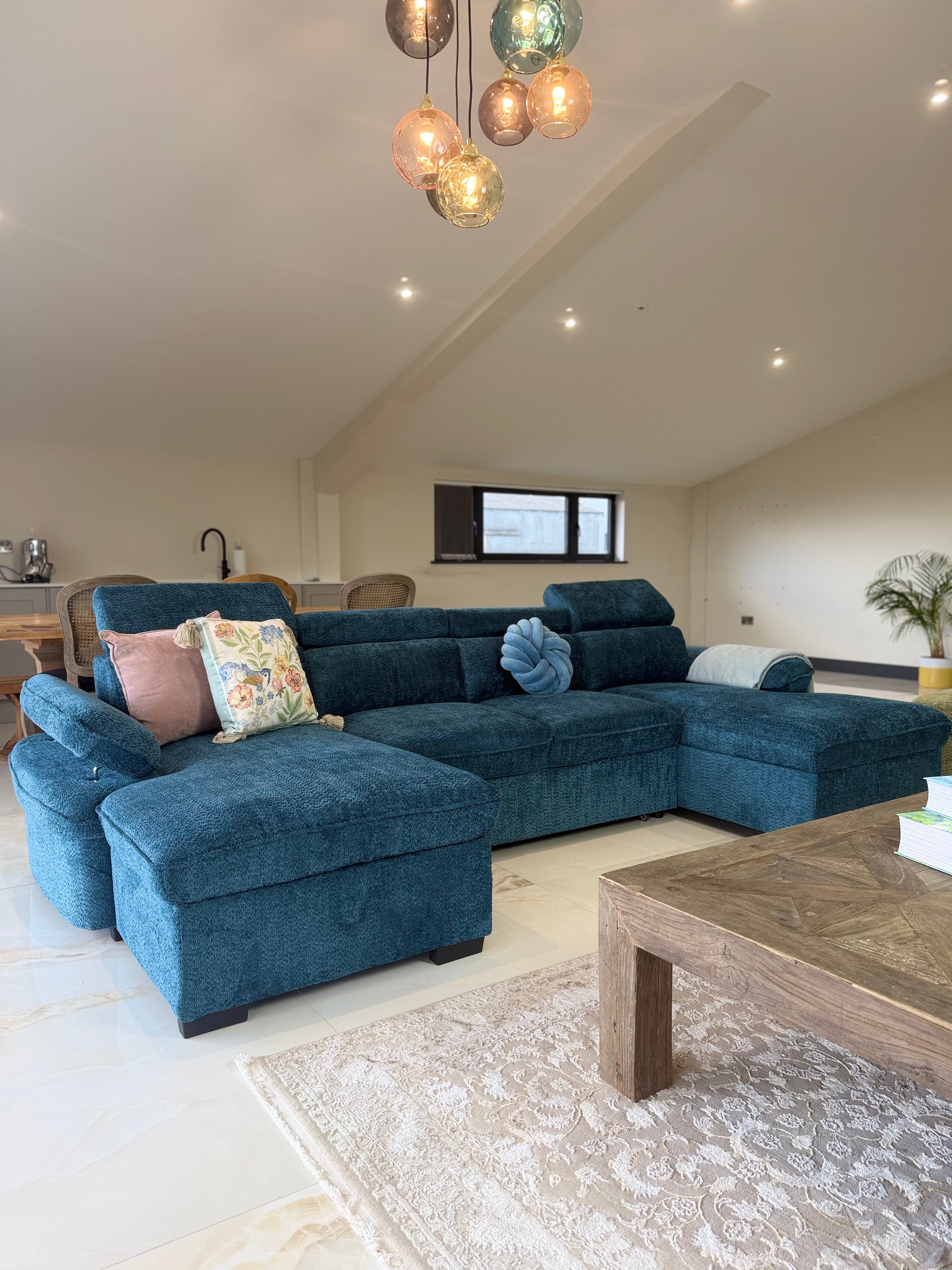 Billie U Shape Sofa Bed in Blue with Lift Up Storage Beehive