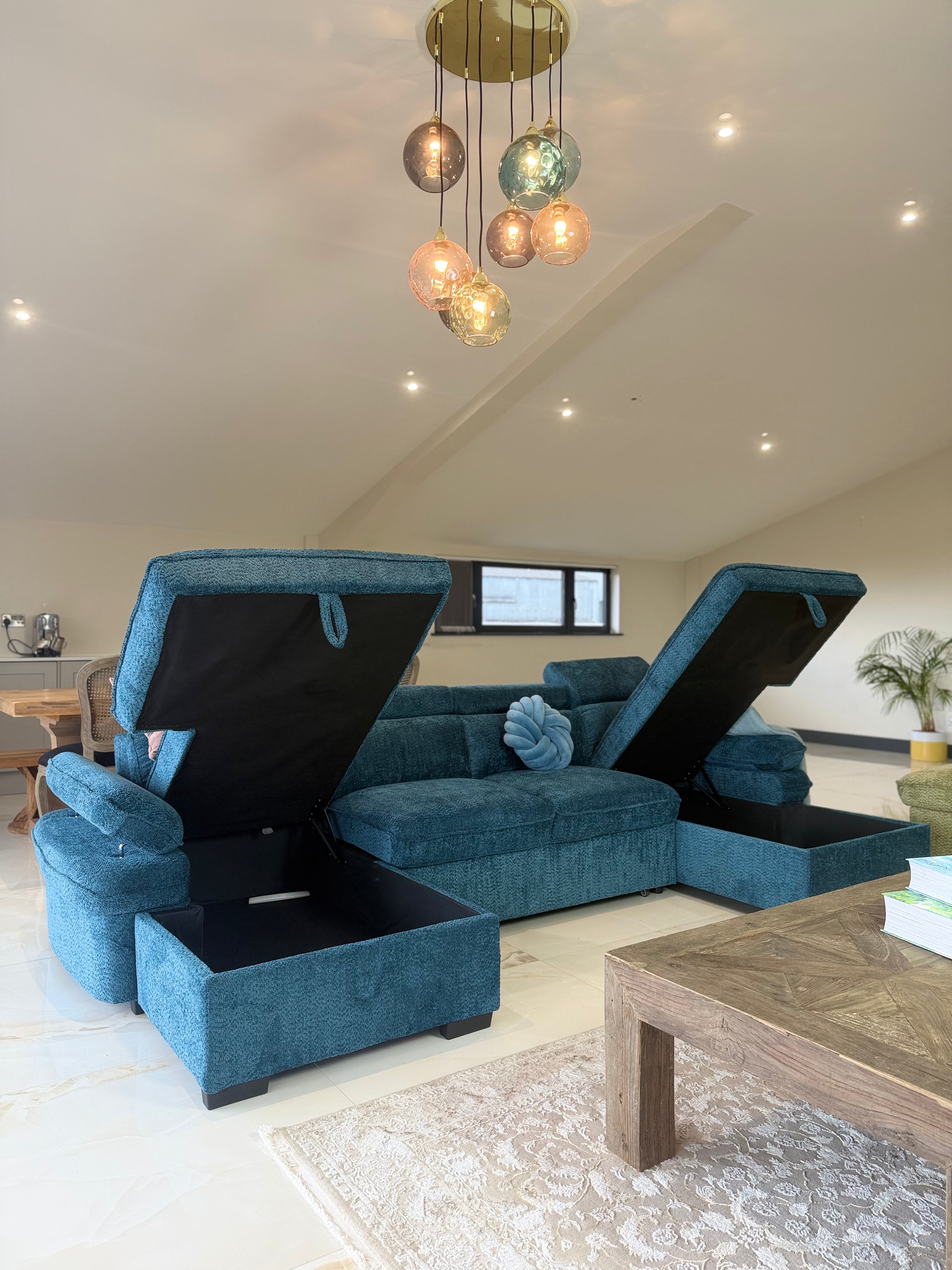 Billie U Shape Sofa Bed in Blue with Lift Up Storage Beehive