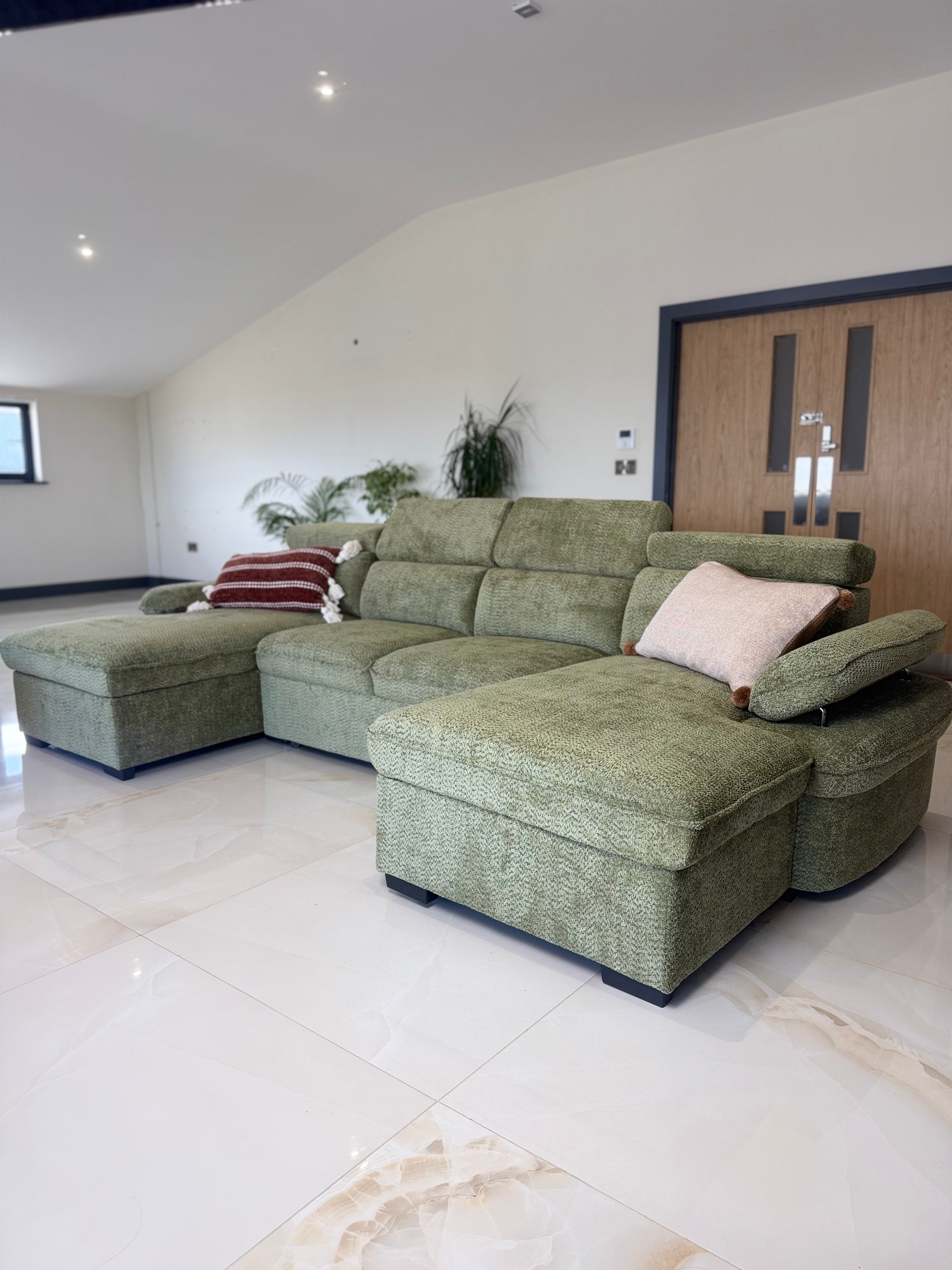 Billie U Shape Sofa Bed in Green with Lift Up Storage Beehive