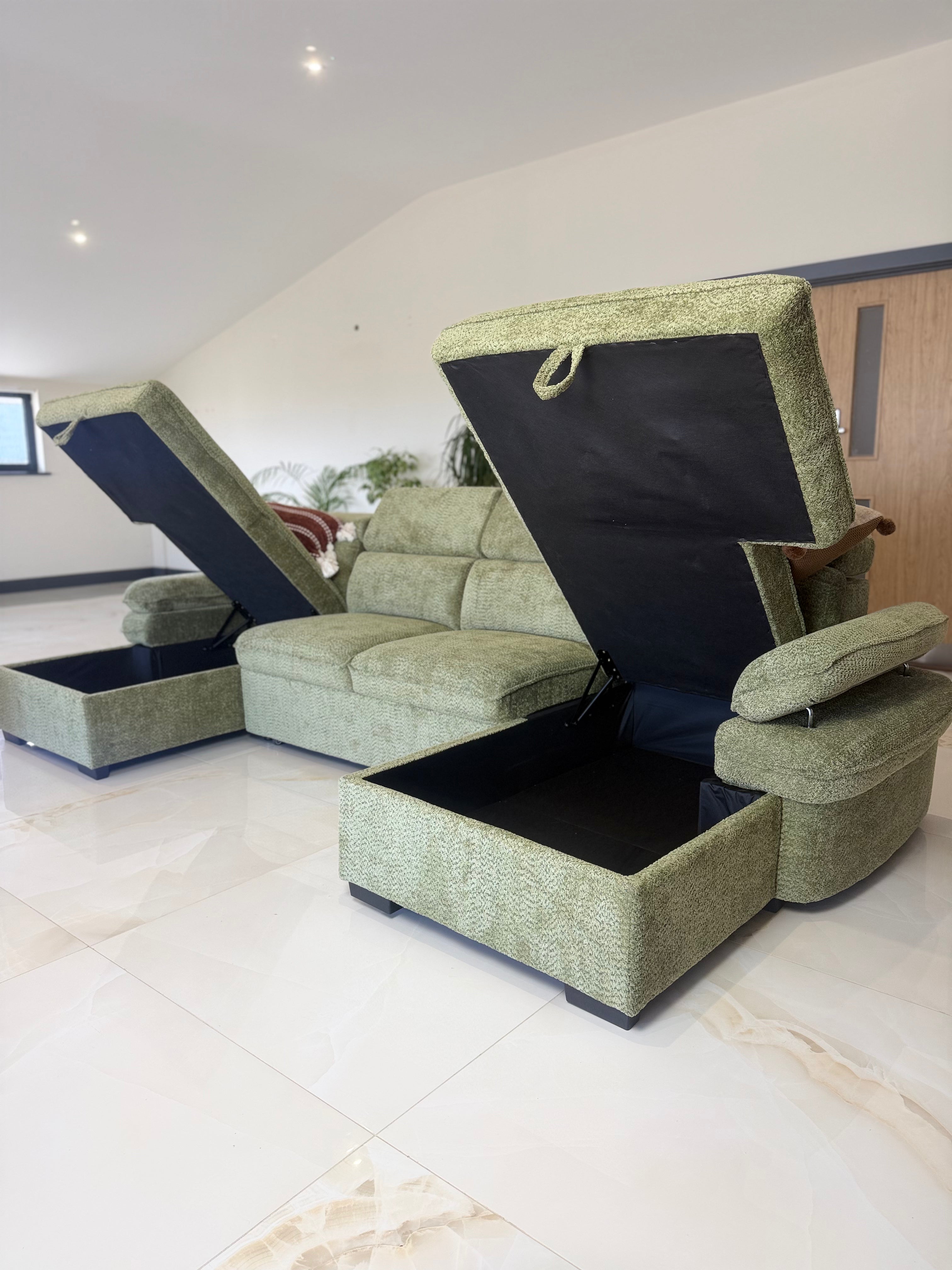 Billie U Shape Sofa Bed in Green with Lift Up Storage Beehive