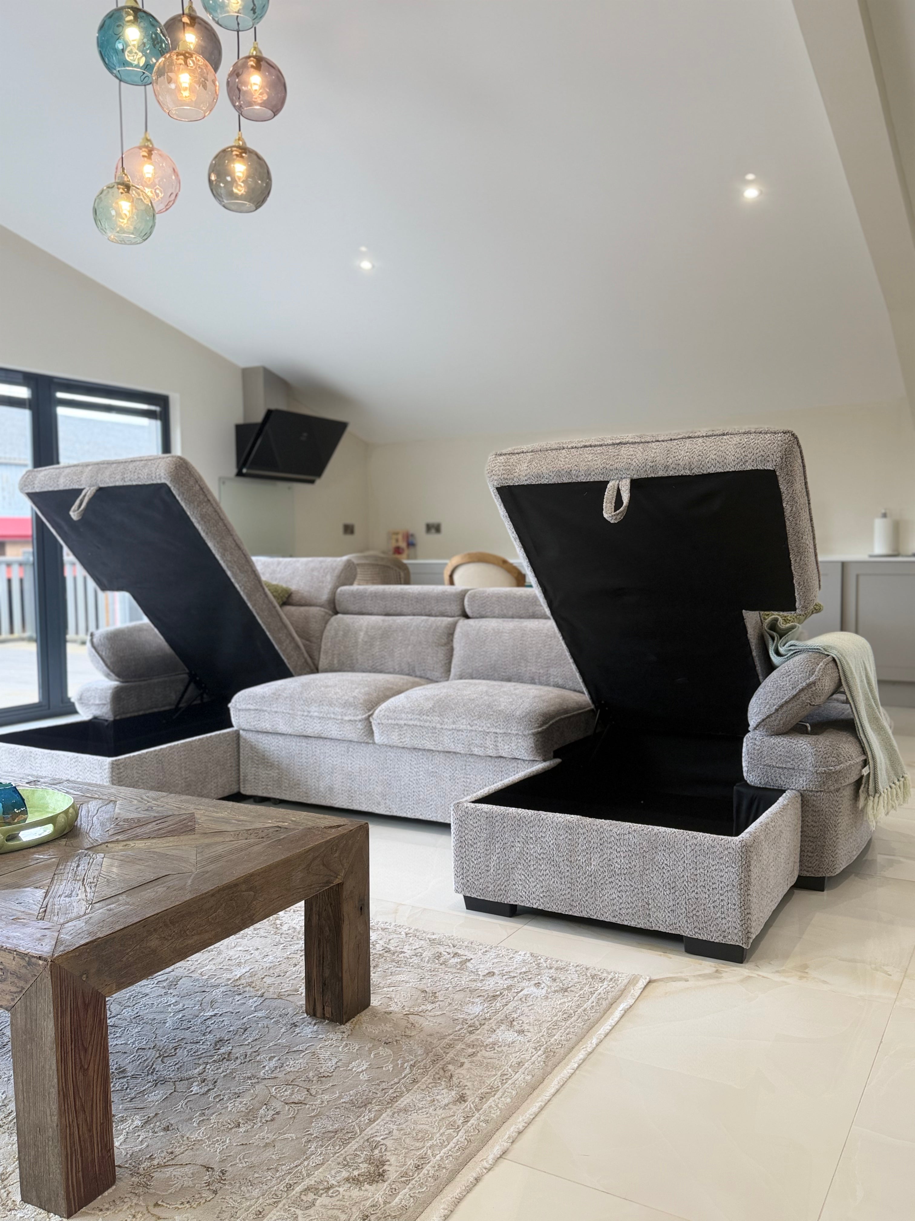 Billie U Shape Sofa Bed in Grey with Lift Up Storage Beehive