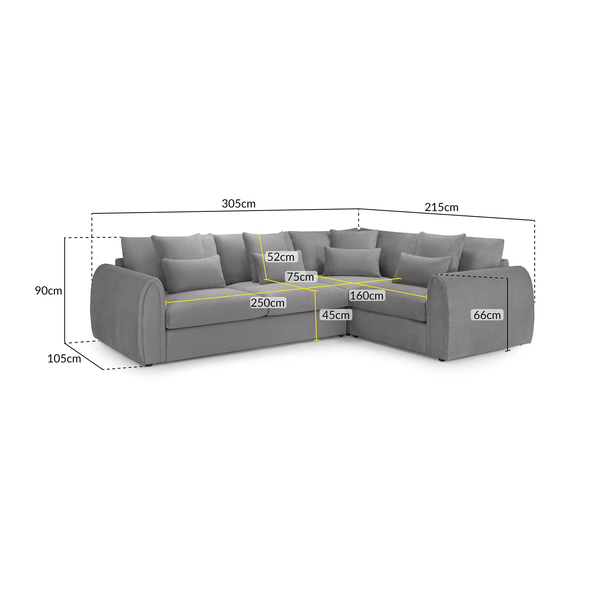 Hugo Sofa Grey Right Hand Facing Corner - measurement view (7024880222272)