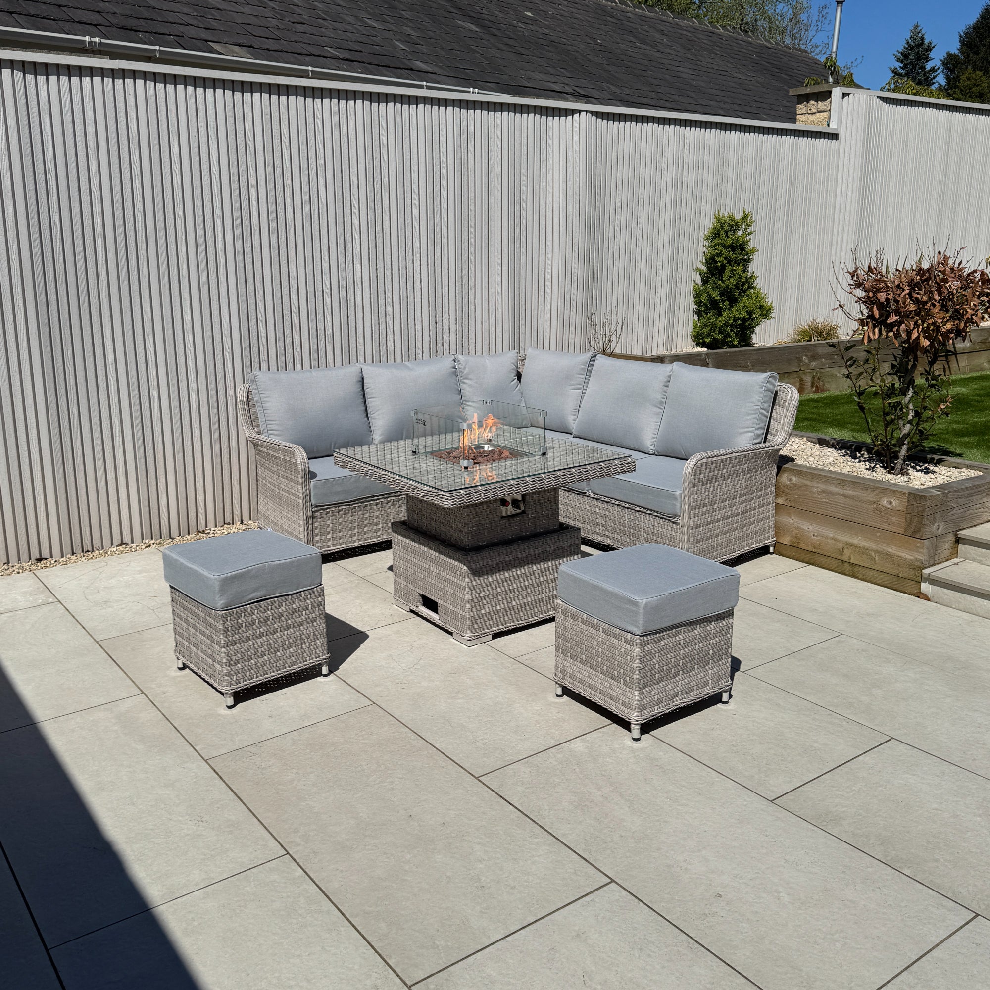 Palermo Square Dining Set with Rising Firepit Table - AMC Furniture