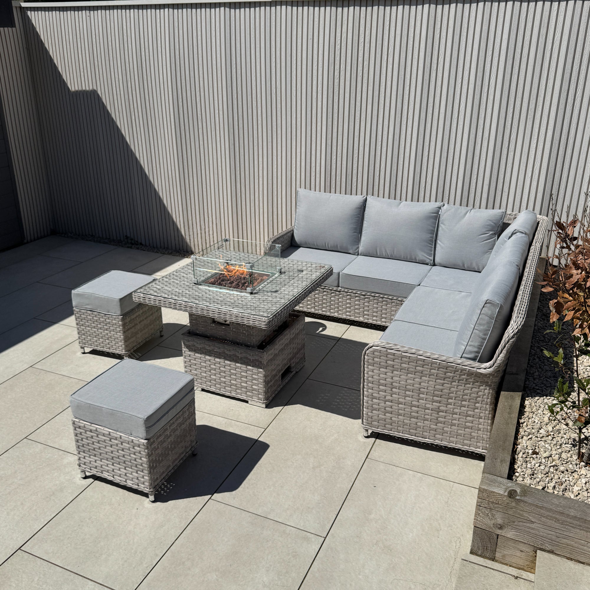 Palermo Square Dining Set with Rising Firepit Table - AMC Furniture