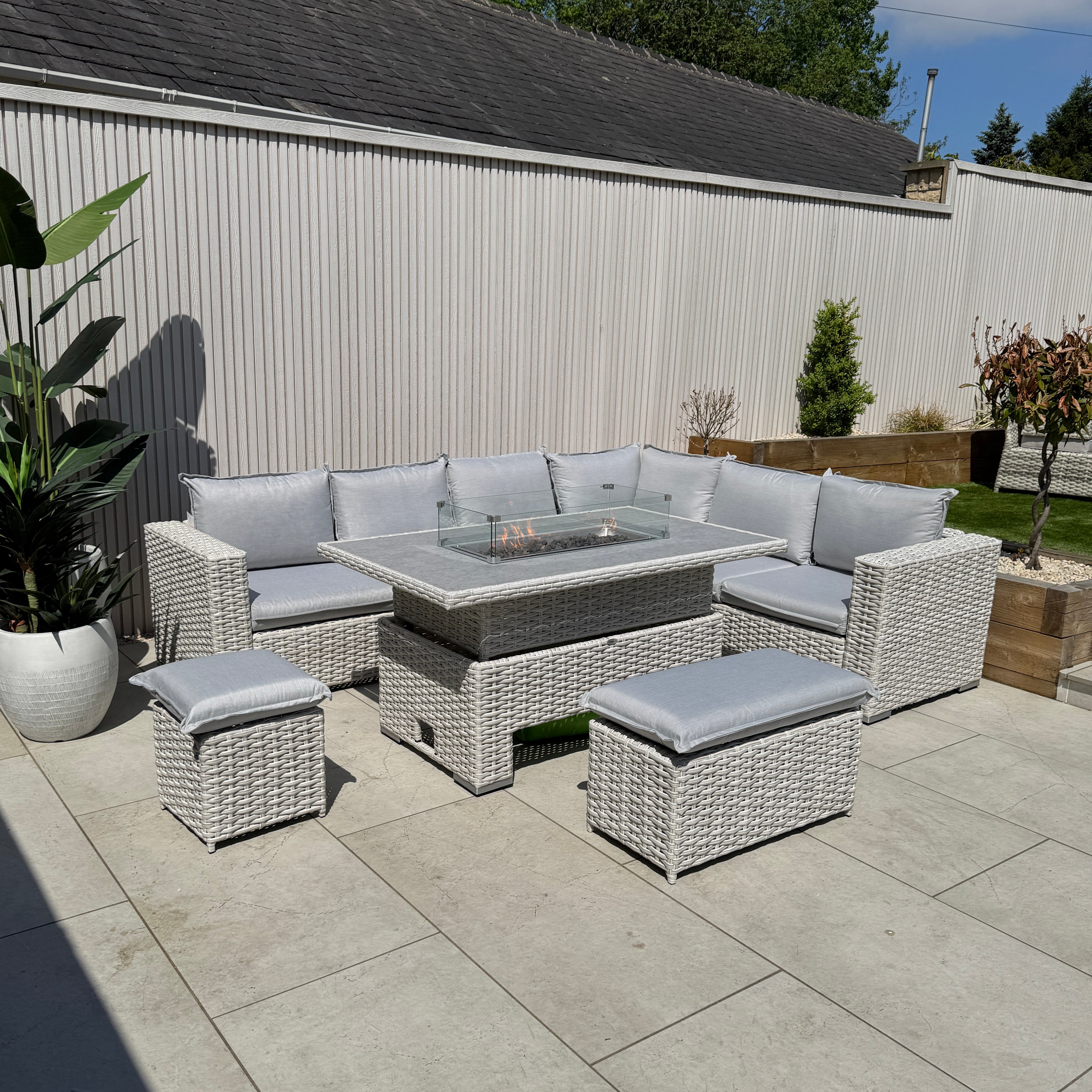 Chakra Rattan Corner Dining Set with Fire Pit – Grey/Beige (14930024857978)