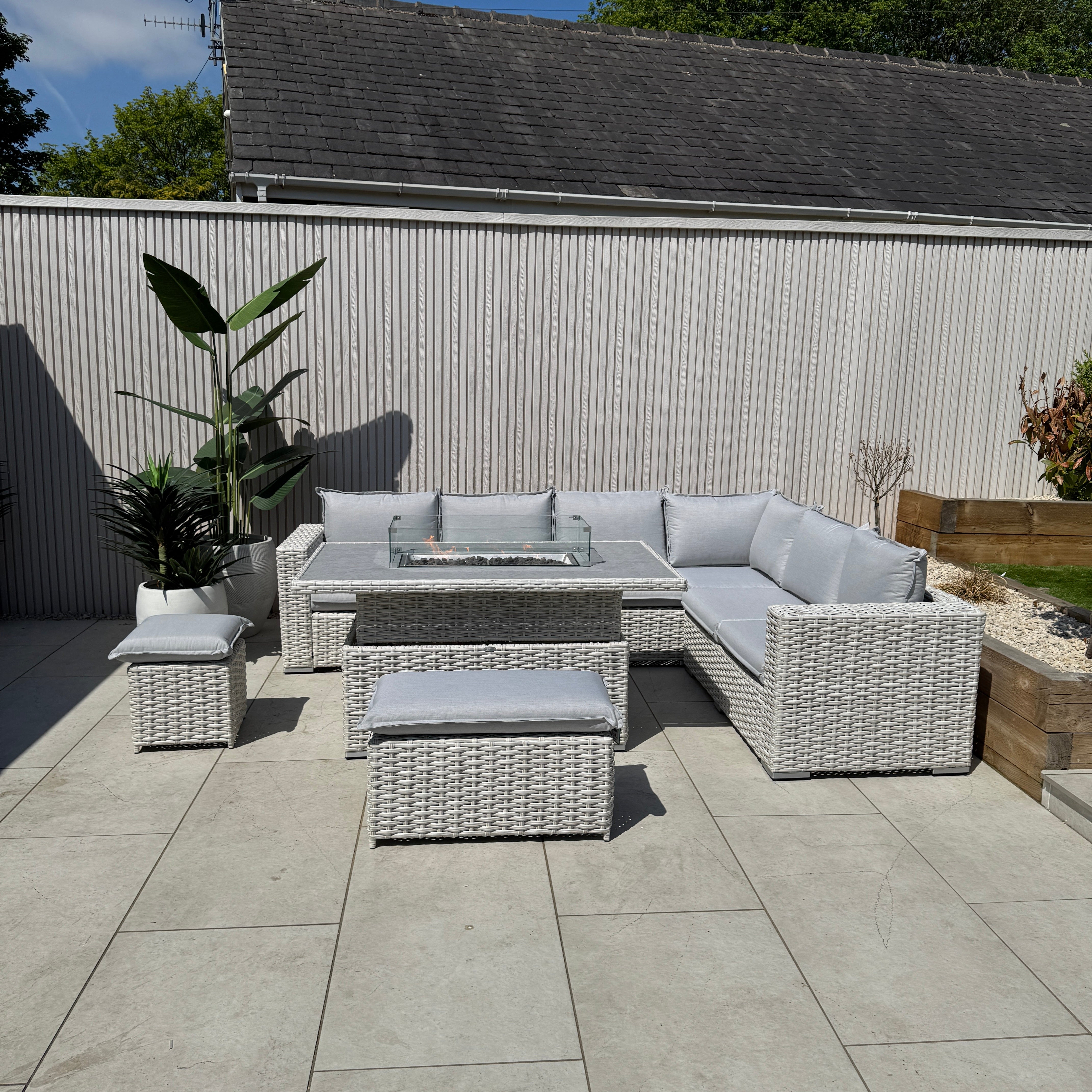 Chakra Rattan Corner Dining Set with Fire Pit – Grey/Beige (14930024857978)