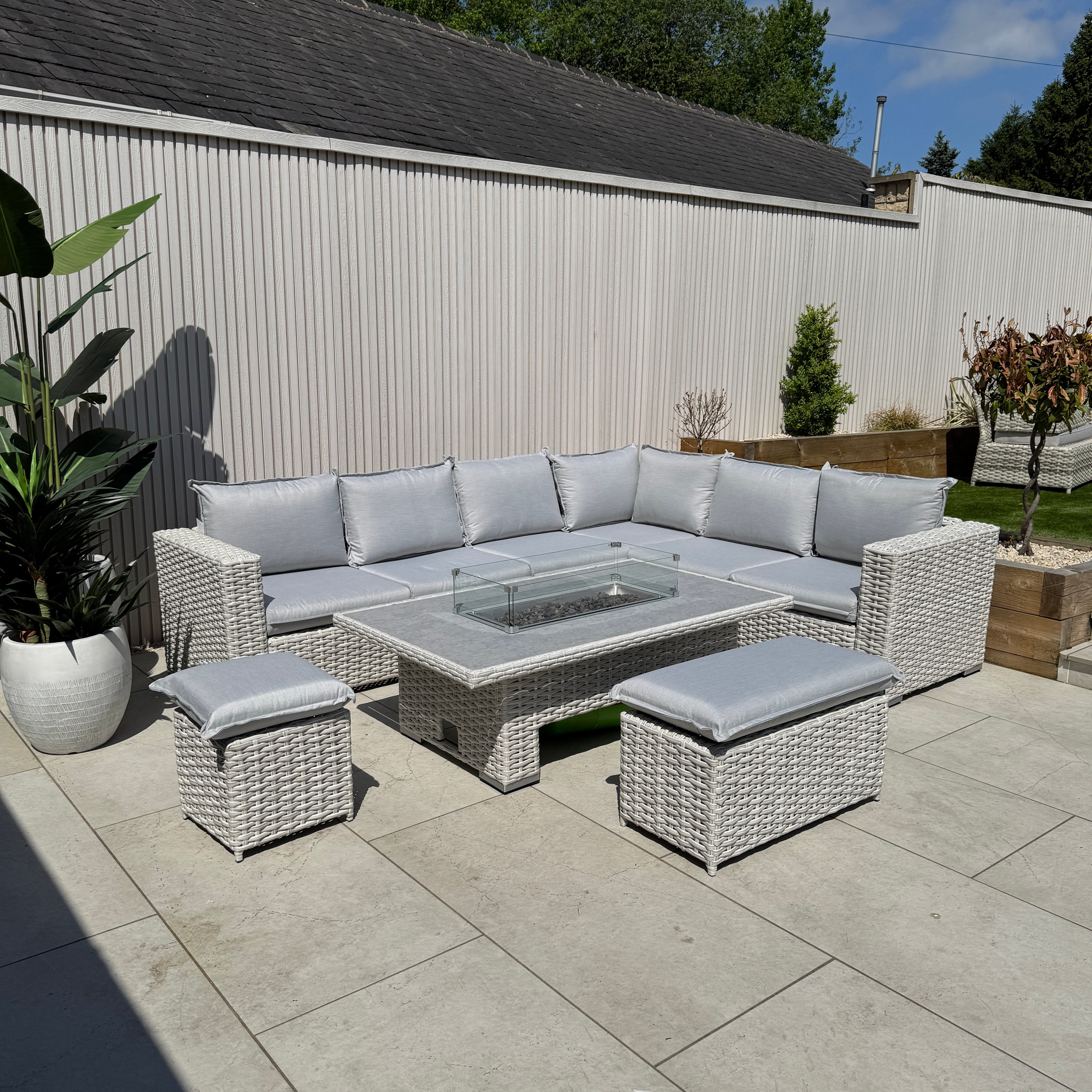 Chakra Rattan Corner Dining Set with Fire Pit – Grey/Beige (14930024857978)