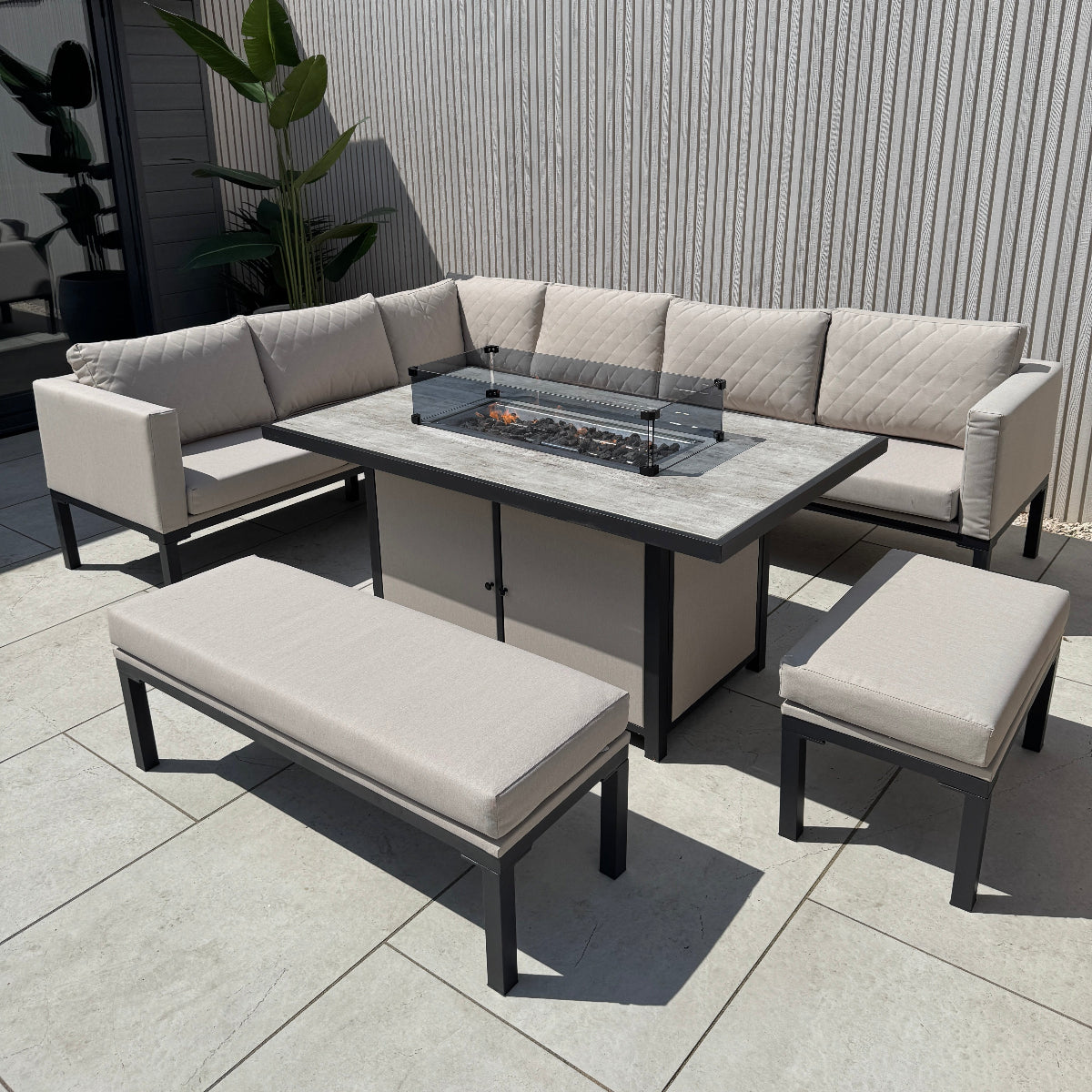 Ava Aluminium Corner Dining Set with Fire Pit – Beige (14930013585786)