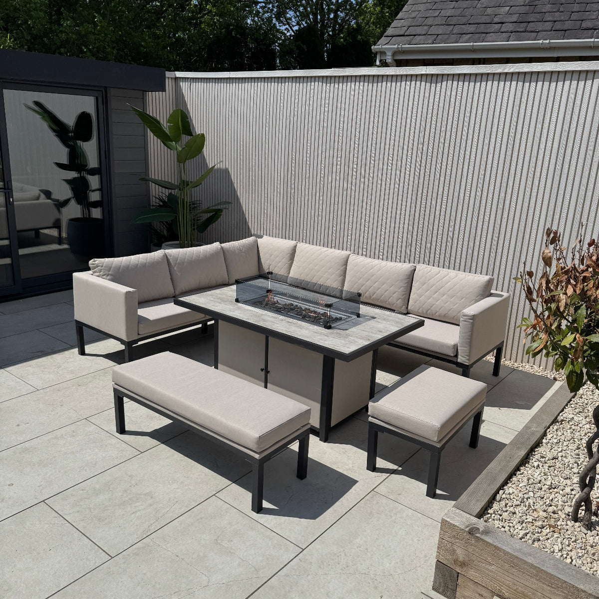 Ava Aluminium Corner Dining Set with Fire Pit – Beige (14930013585786)