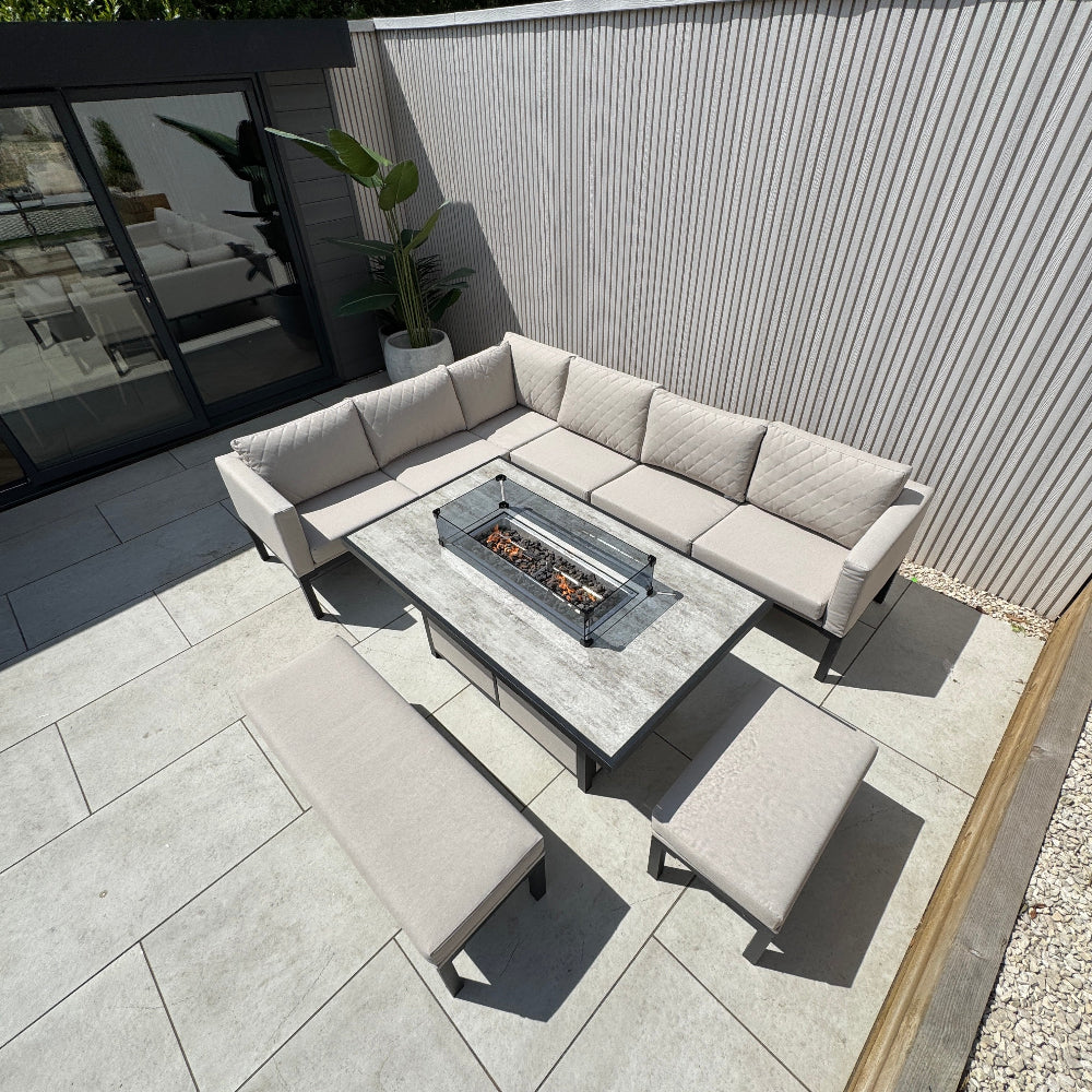 Ava Aluminium Corner Dining Set with Fire Pit – Beige (14930013585786)