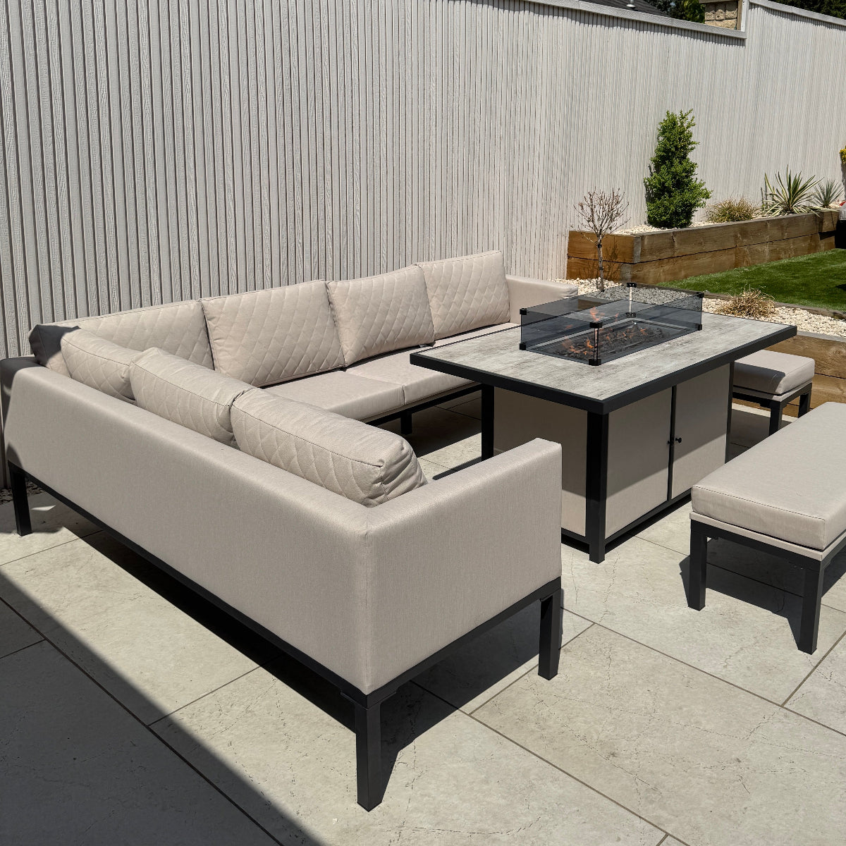 Ava Aluminium Corner Dining Set with Fire Pit – Beige (14930013585786)
