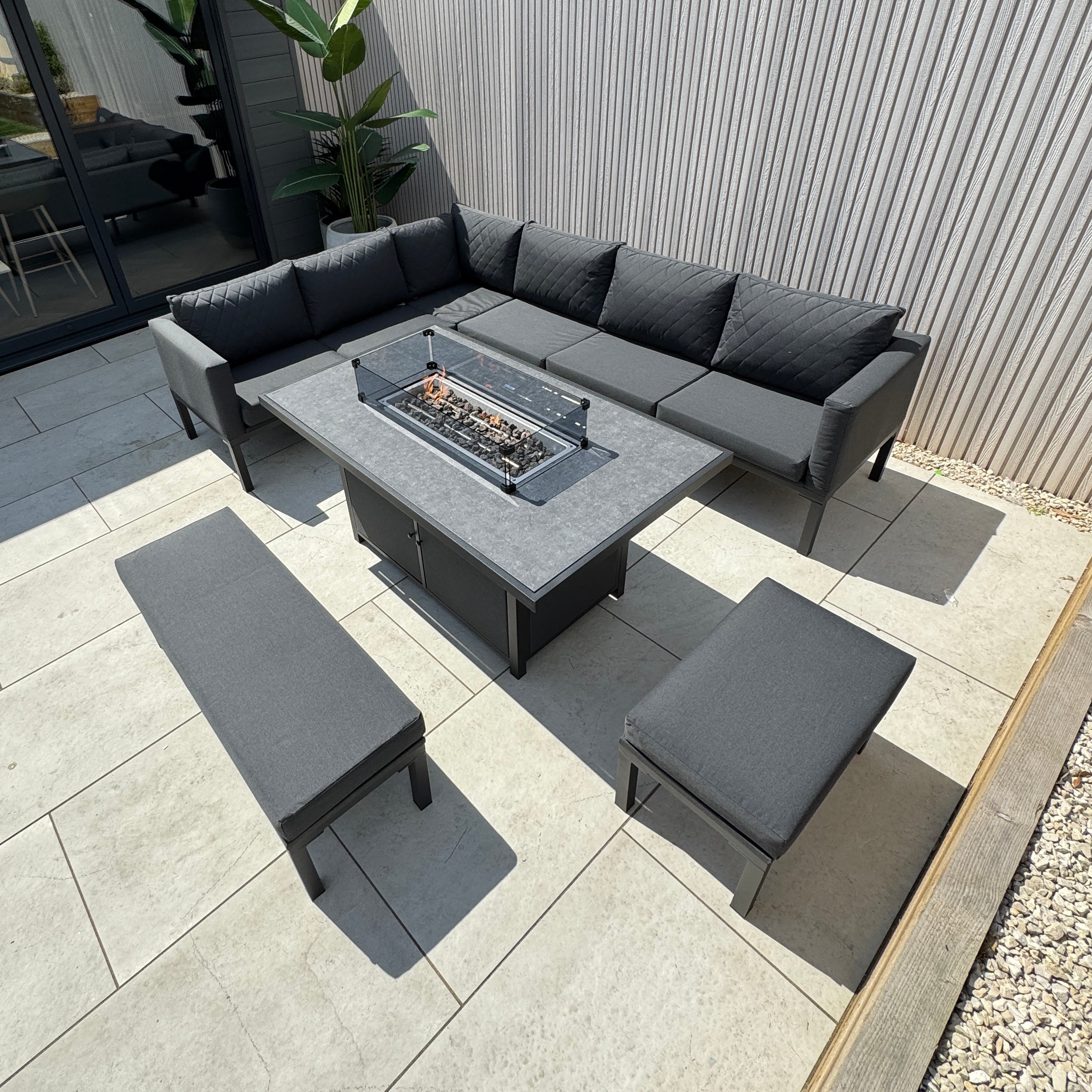 Ava Aluminium Firepit Dining Set In Grey (14930015617402)