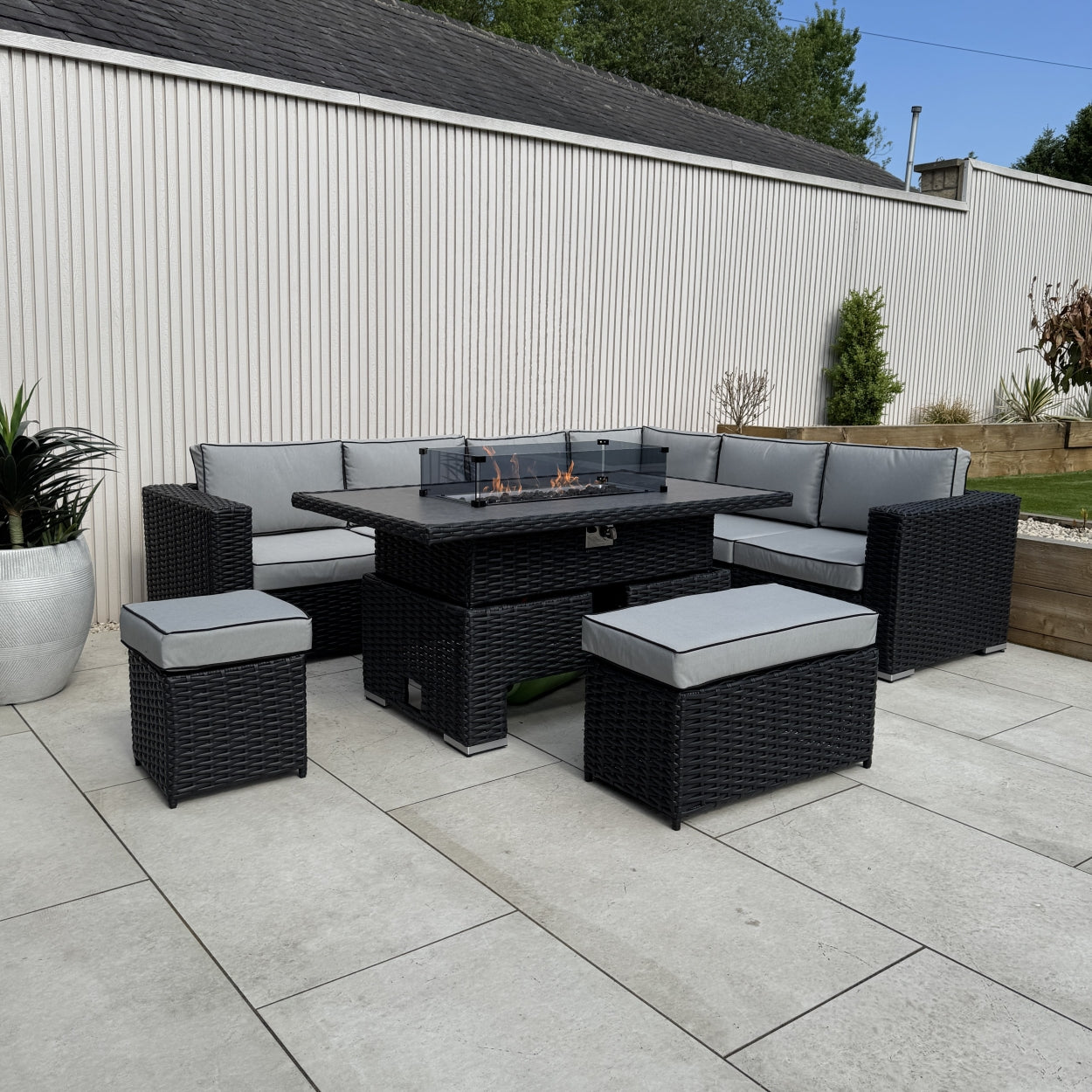 Chakra Rattan Corner Dining Set with Fire Pit – Black (14929991238010)