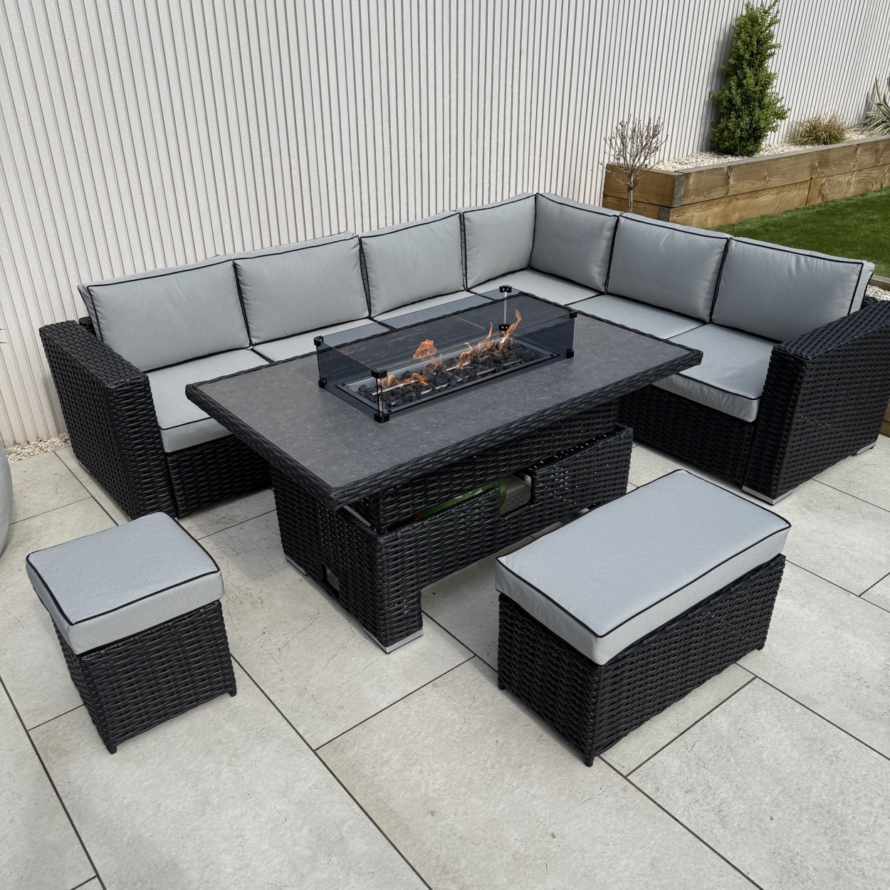 Chakra Rattan Corner Dining Set with Fire Pit – Black (14929991238010)