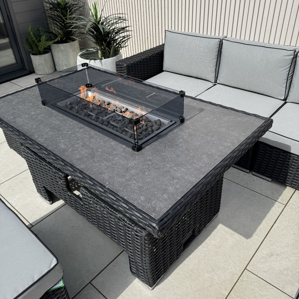 Chakra Rattan Corner Dining Set with Fire Pit – Black (14929991238010)