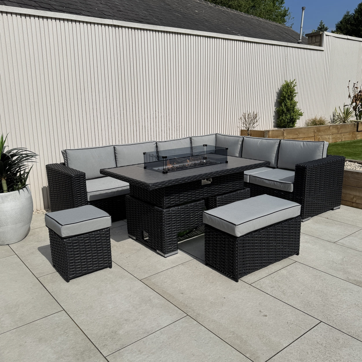 Chakra Rattan Corner Dining Set with Fire Pit – Black (14929991238010)