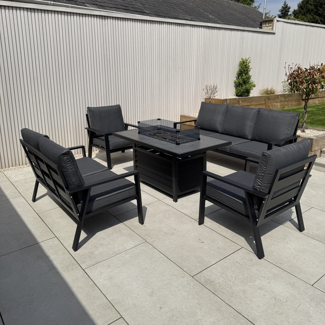 Sienna Aluminium Sofa Dining Set with Fire Pit – Grey - Front view (14930005590394)