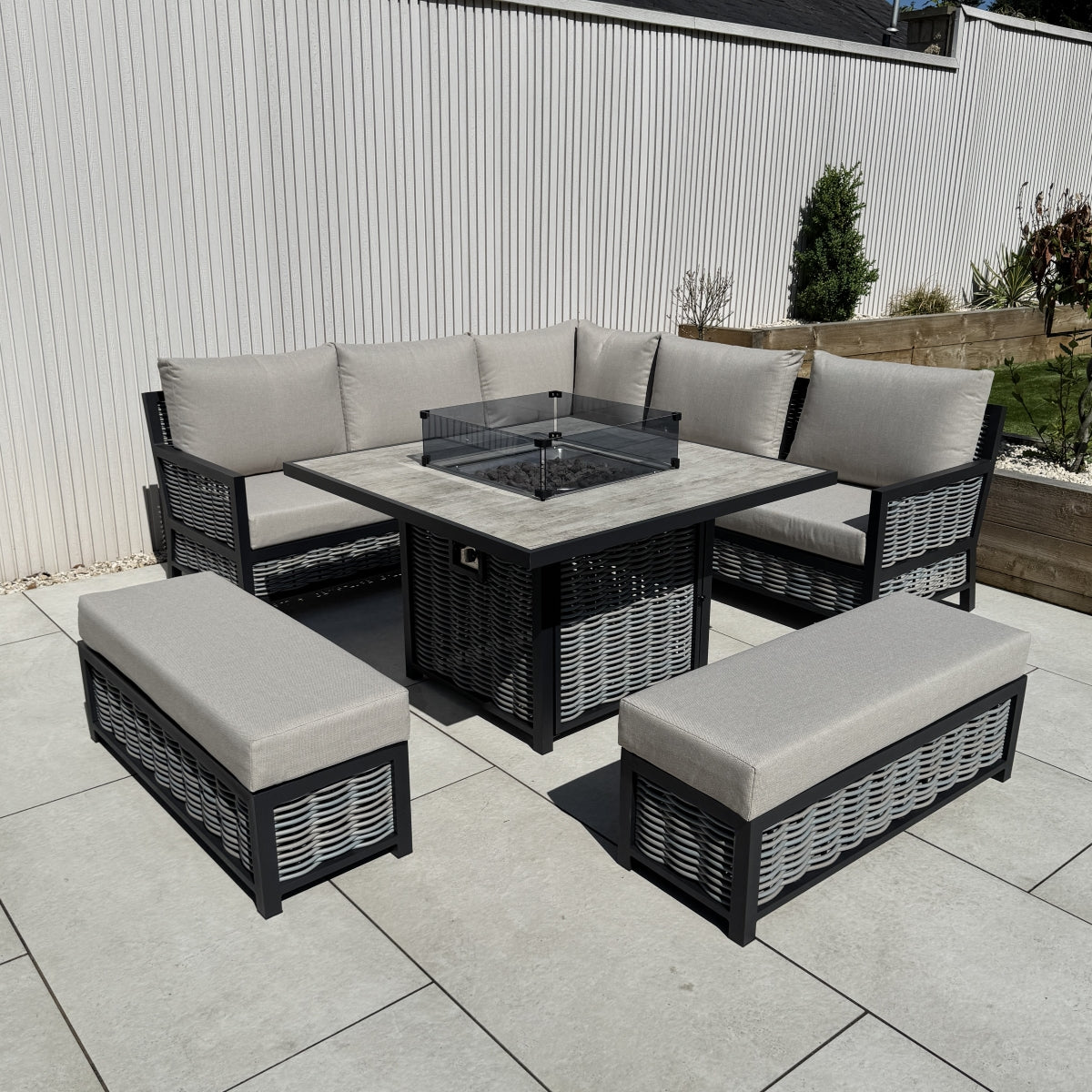 Ivy Aluminium & Rattan Corner Dining Set with Fire Pit – Beige (14929993597306)