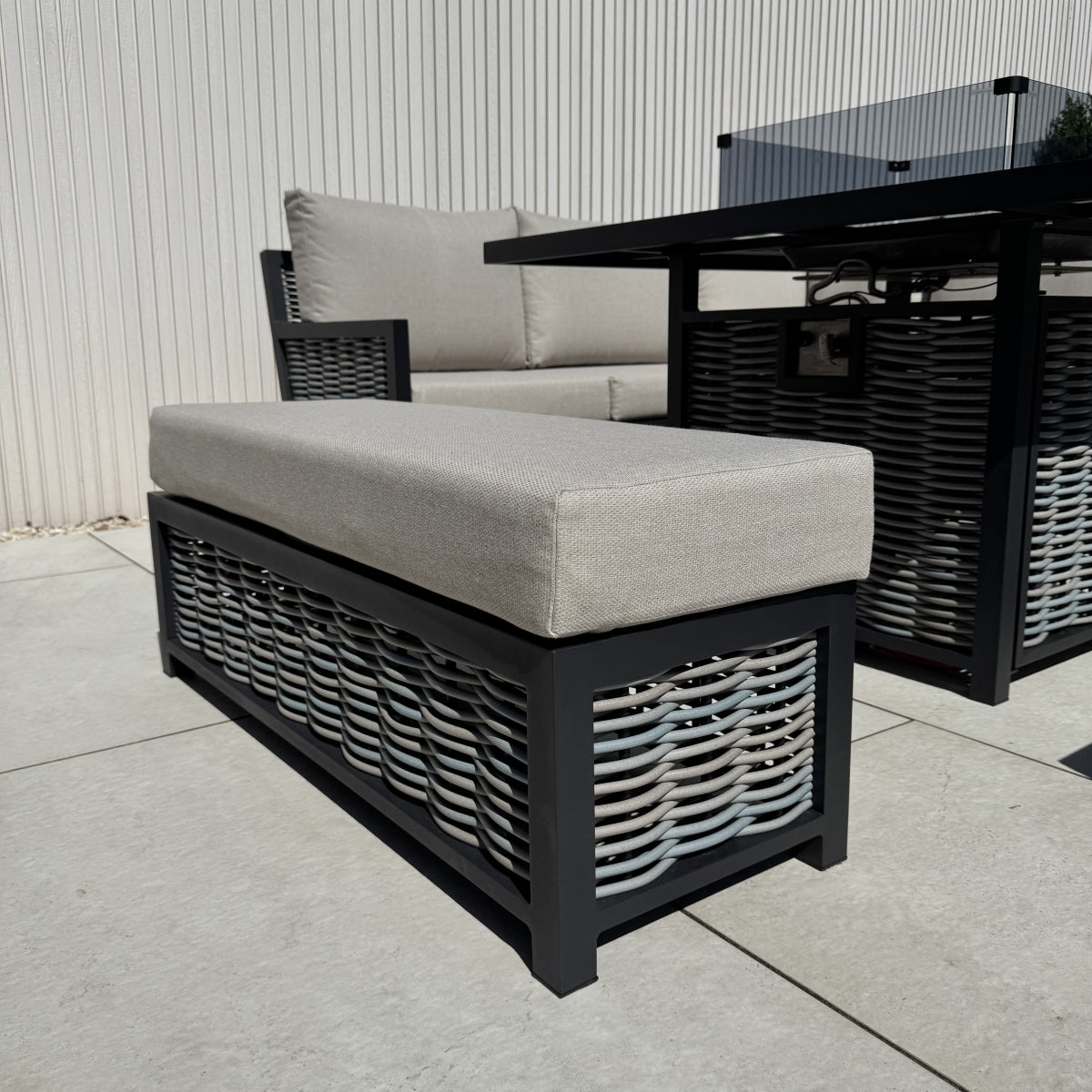 Ivy Aluminium & Rattan Corner Dining Set with Fire Pit – Beige (14929993597306)