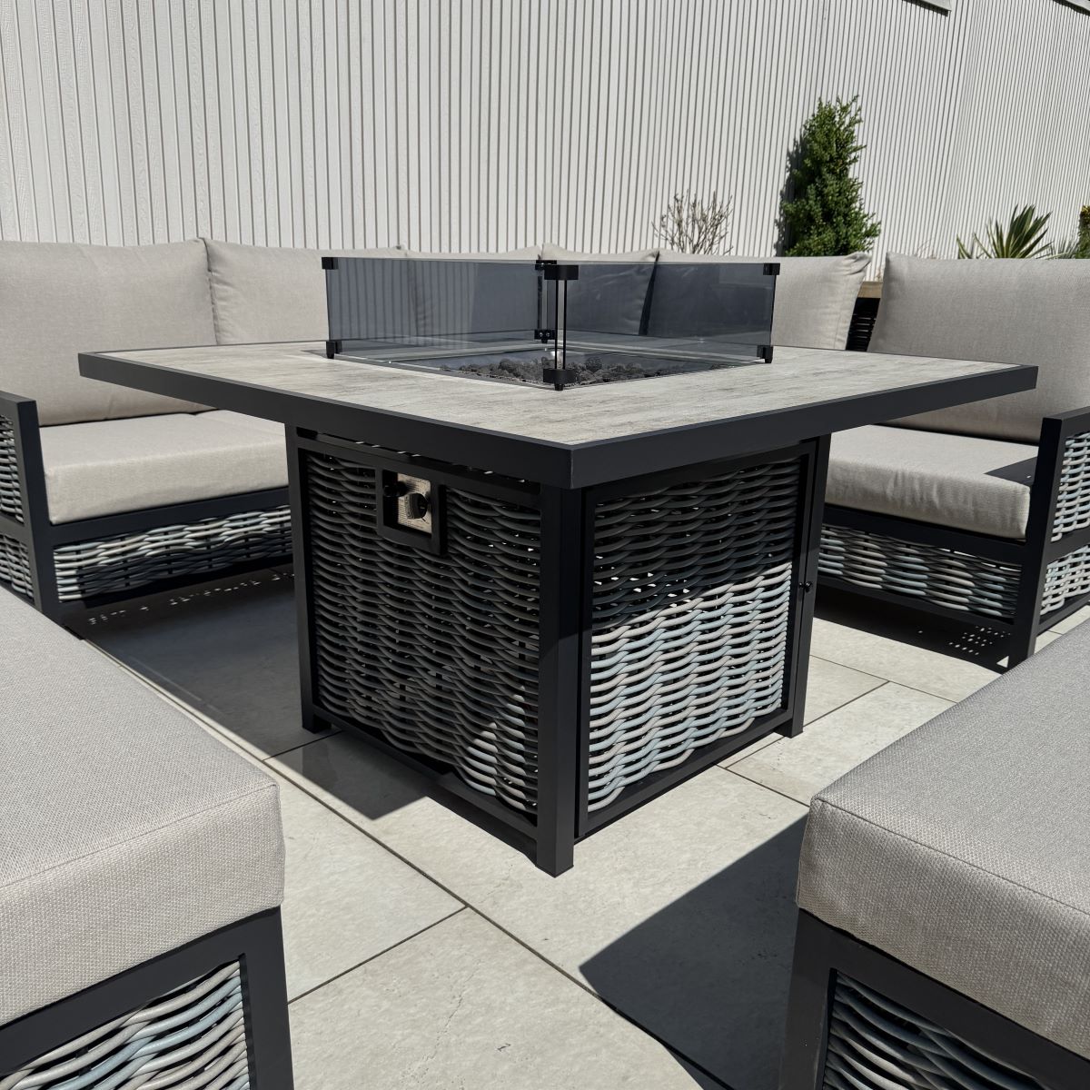 Ivy Aluminium & Rattan Corner Dining Set with Fire Pit – Beige (14929993597306)