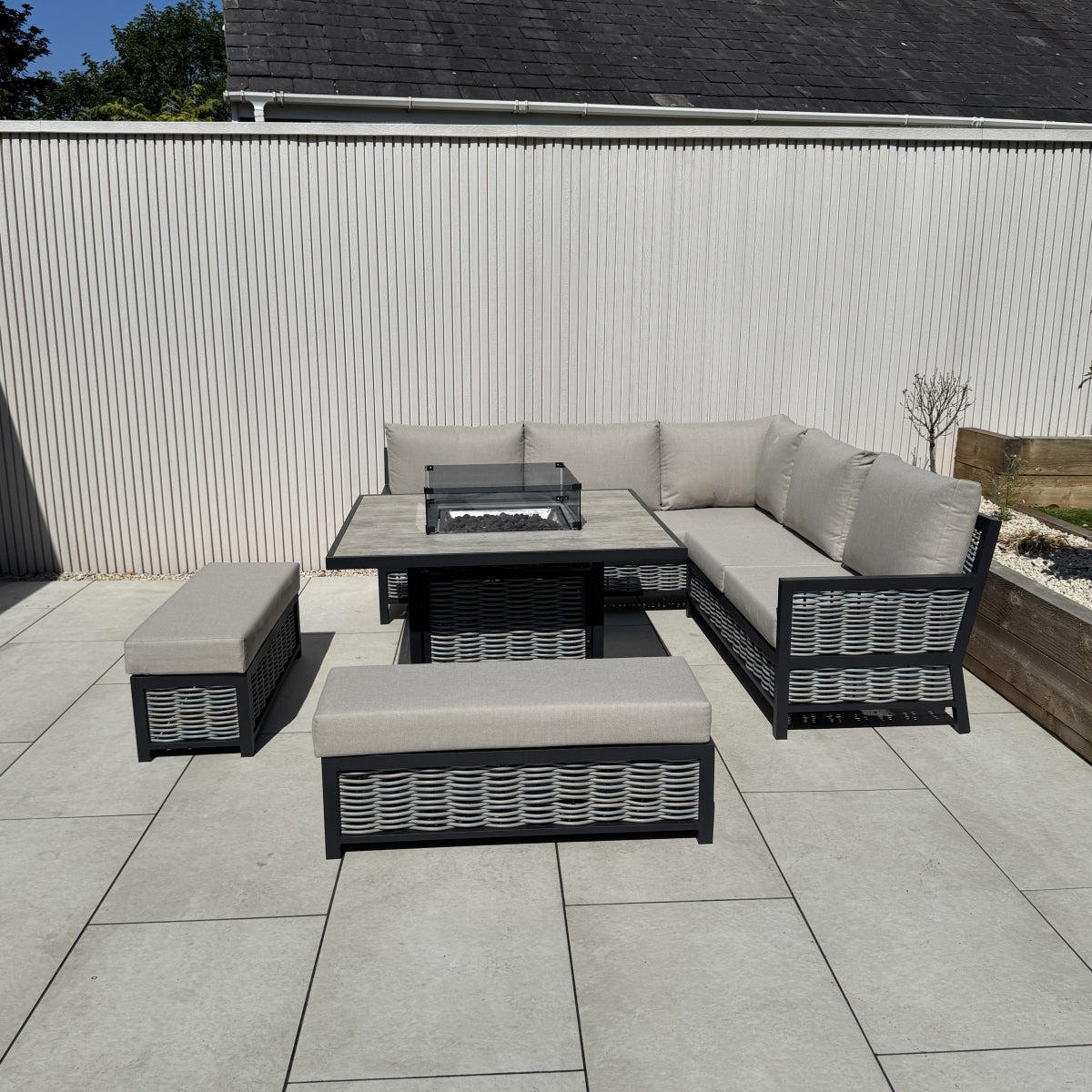 Ivy Aluminium & Rattan Corner Dining Set with Fire Pit – Beige (14929993597306)