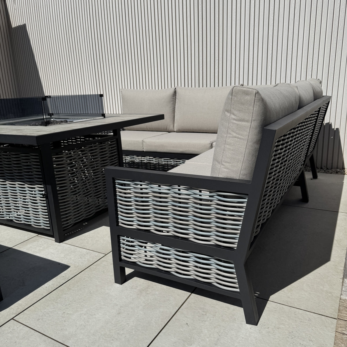 Ivy Aluminium & Rattan Corner Dining Set with Fire Pit – Beige (14929993597306)