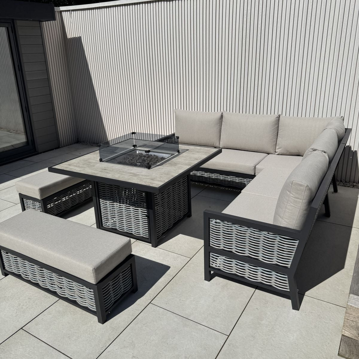 Ivy Aluminium & Rattan Corner Dining Set with Fire Pit – Beige (14929993597306)