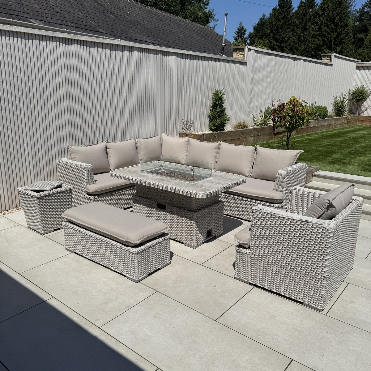 Asha Corner Rising Fire Pit Dining Set - Grey/Beige (14929989009786)