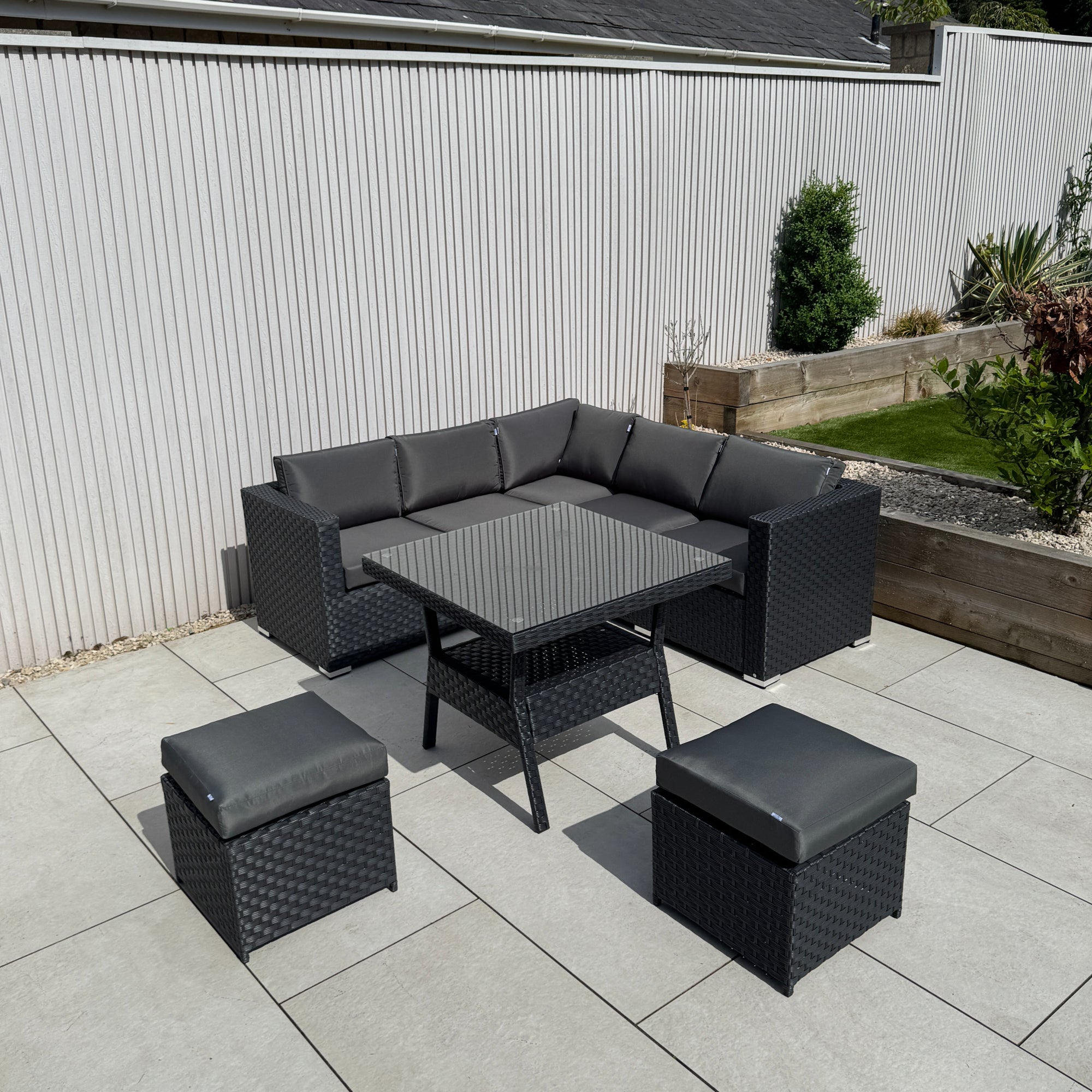 Genoa Corner Sofa Dining Set with 2 Stools in Black - AMC Furniture