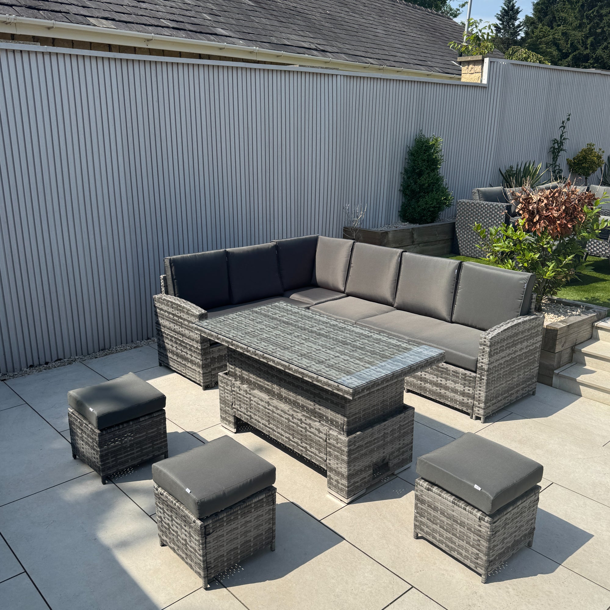 Rhodes Corner Sofa Dining Set with Rising Table in Grey - AMC Furniture