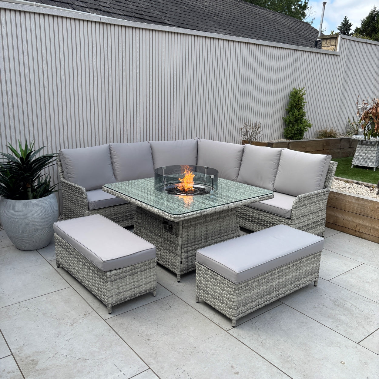 Lola Rattan Corner Dining Set with Fire Pit – Beige (14930007720314)