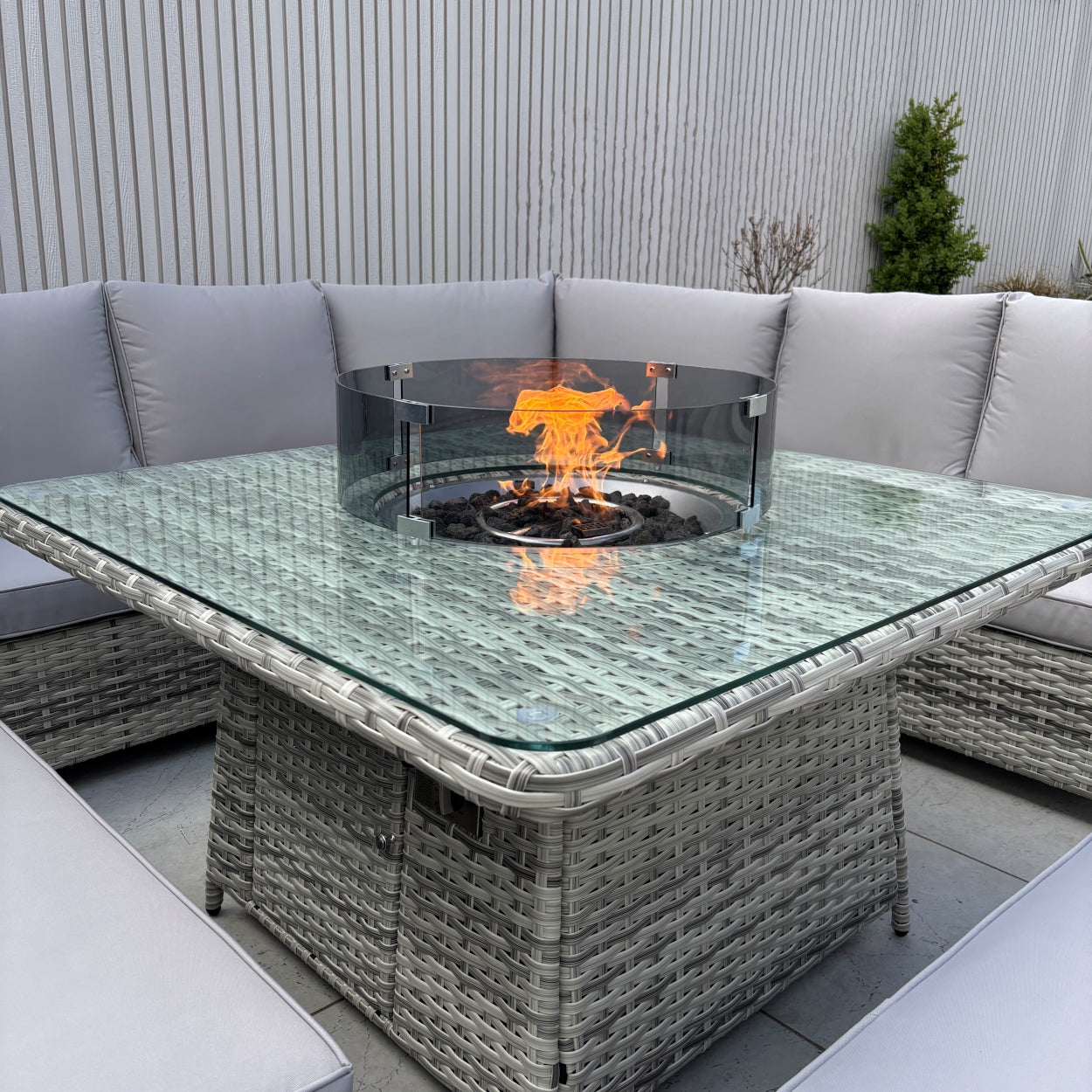 Lola Rattan Corner Dining Set with Fire Pit – Beige (14930007720314)