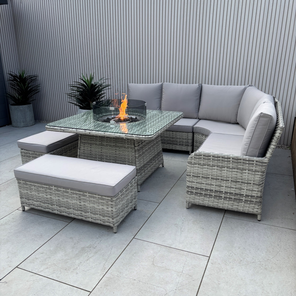 Lola Rattan Corner Dining Set with Fire Pit – Beige (14930007720314)