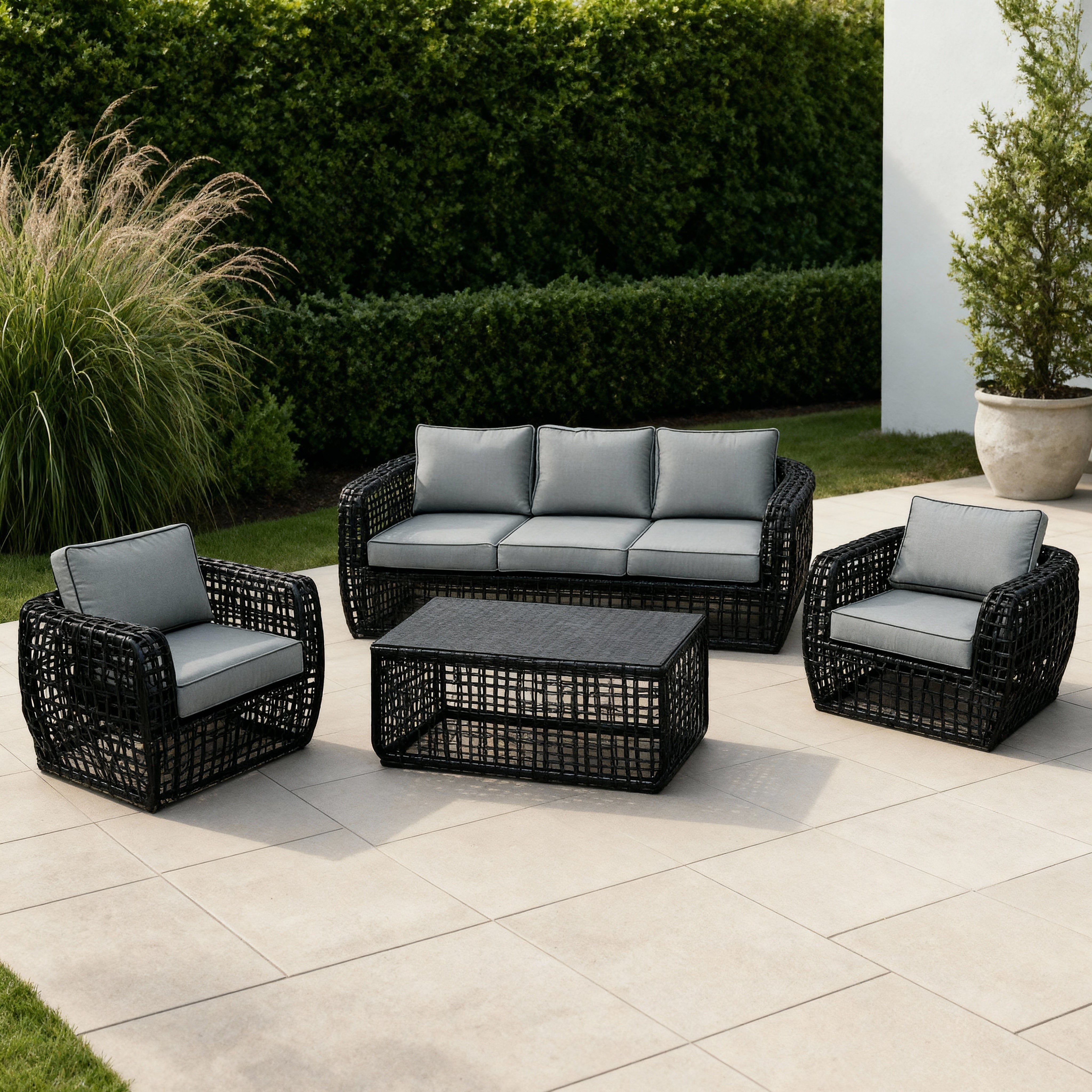 Indi 4 Piece Rattan Garden Furniture Sofa Set - Black