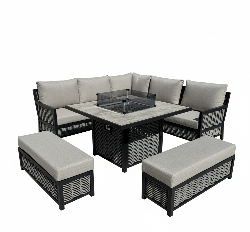 Ivy Aluminium & Rattan Corner Dining Set with Fire Pit