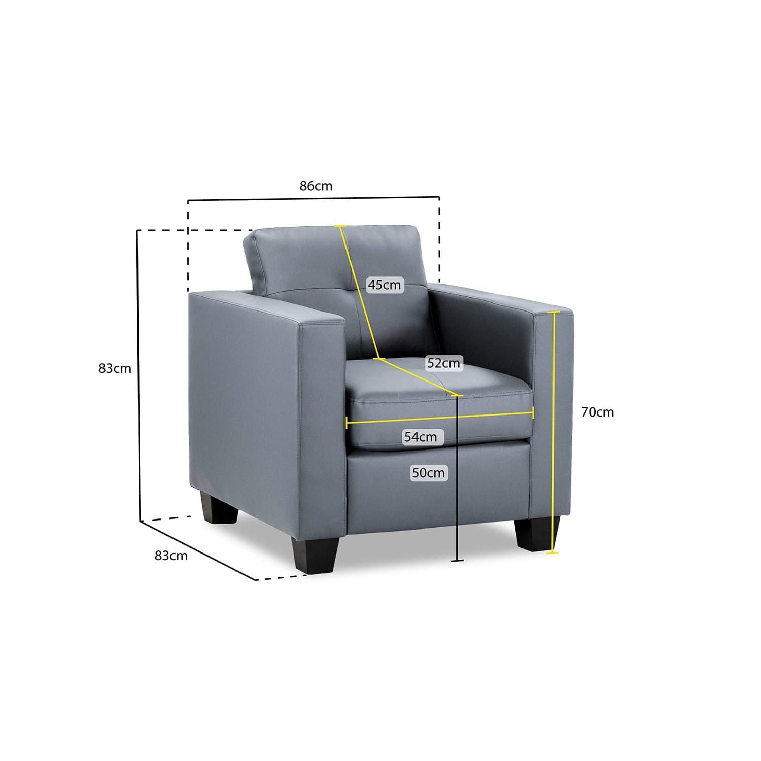 Jerry Sofa Grey Armchair - measurement view (7023867035712)