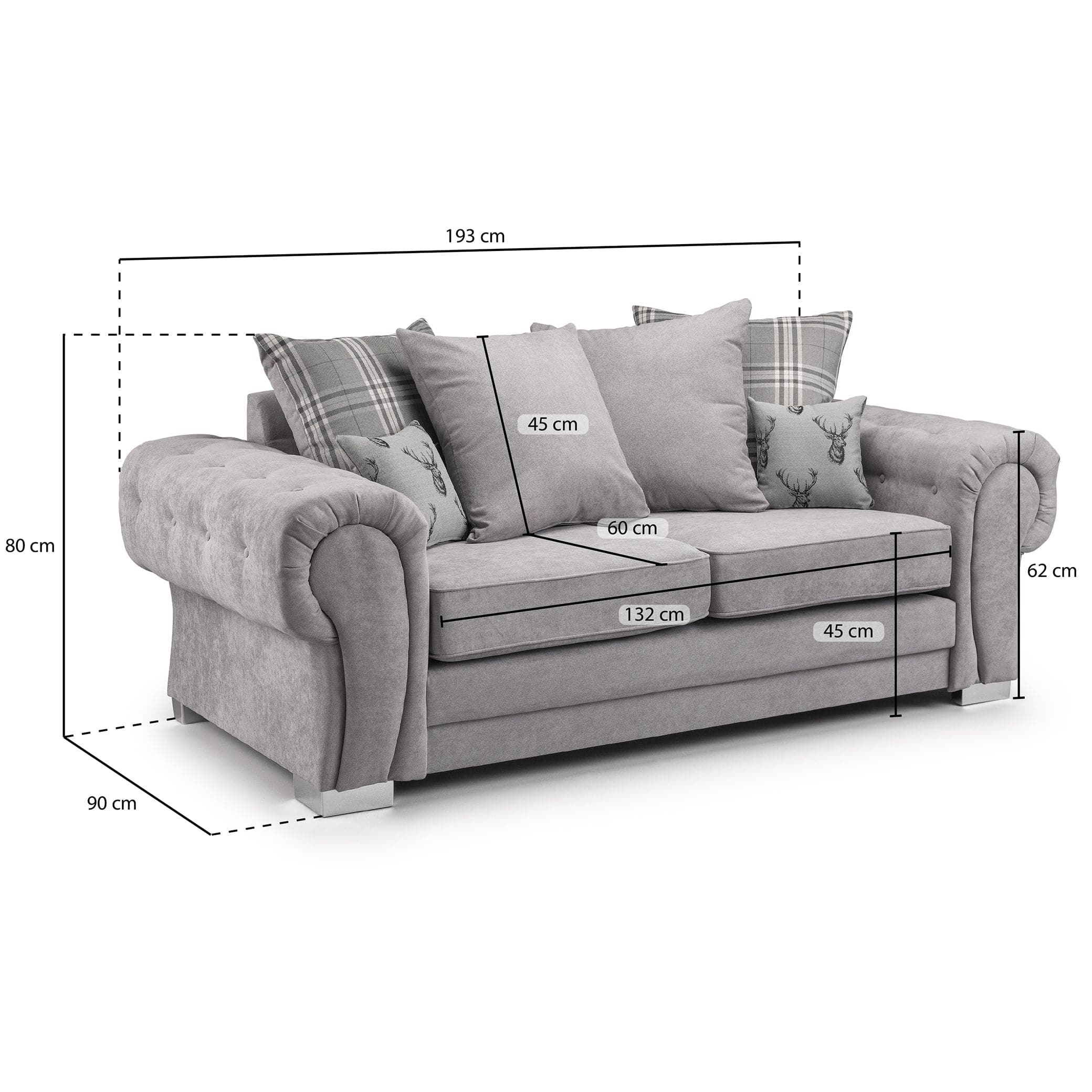 Jude Scatterback Grey Three Seater Sofa - measurement view (7026805375040)