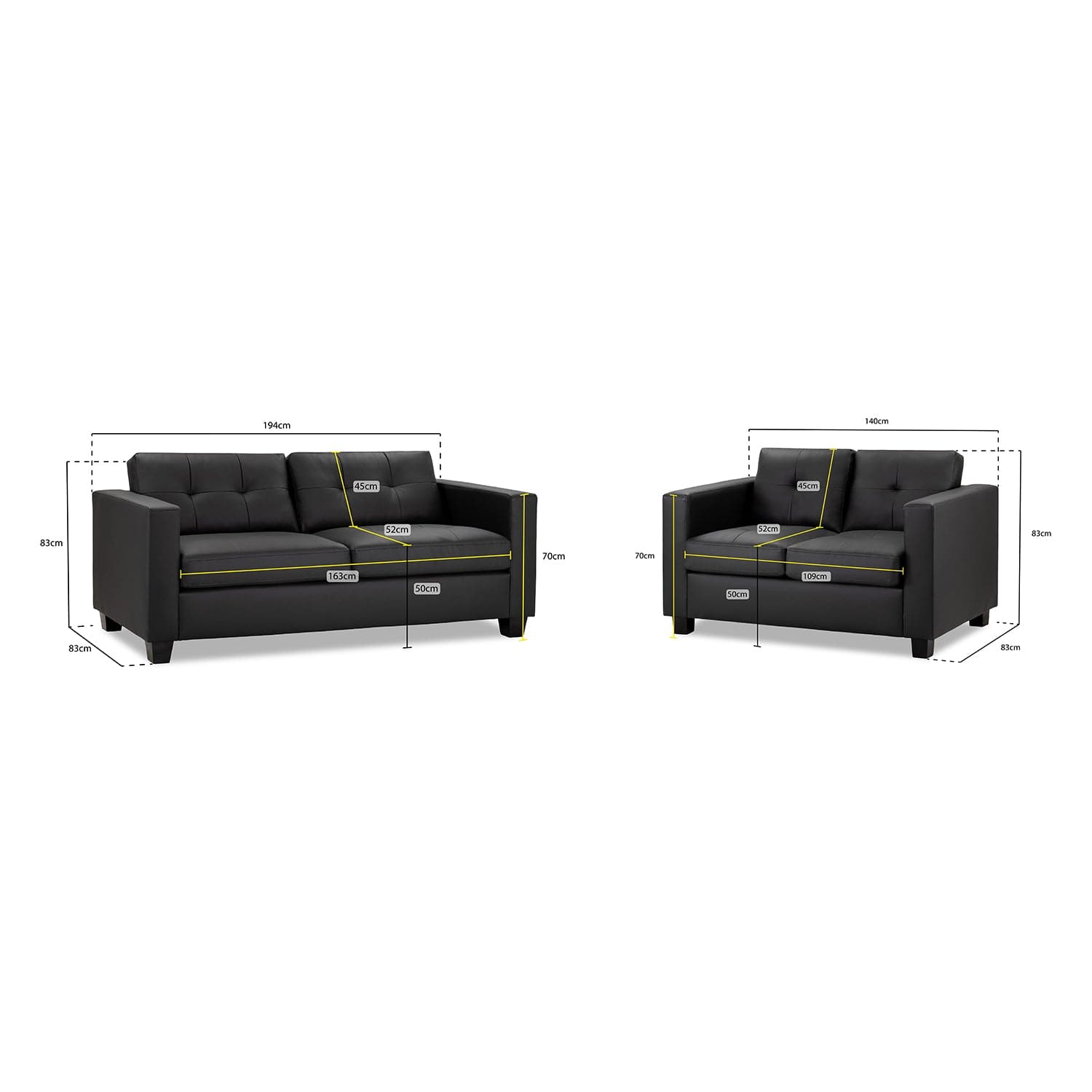 Kew Three Plus Two Seater Sofa Set in Black - measurement view (7023838789696)