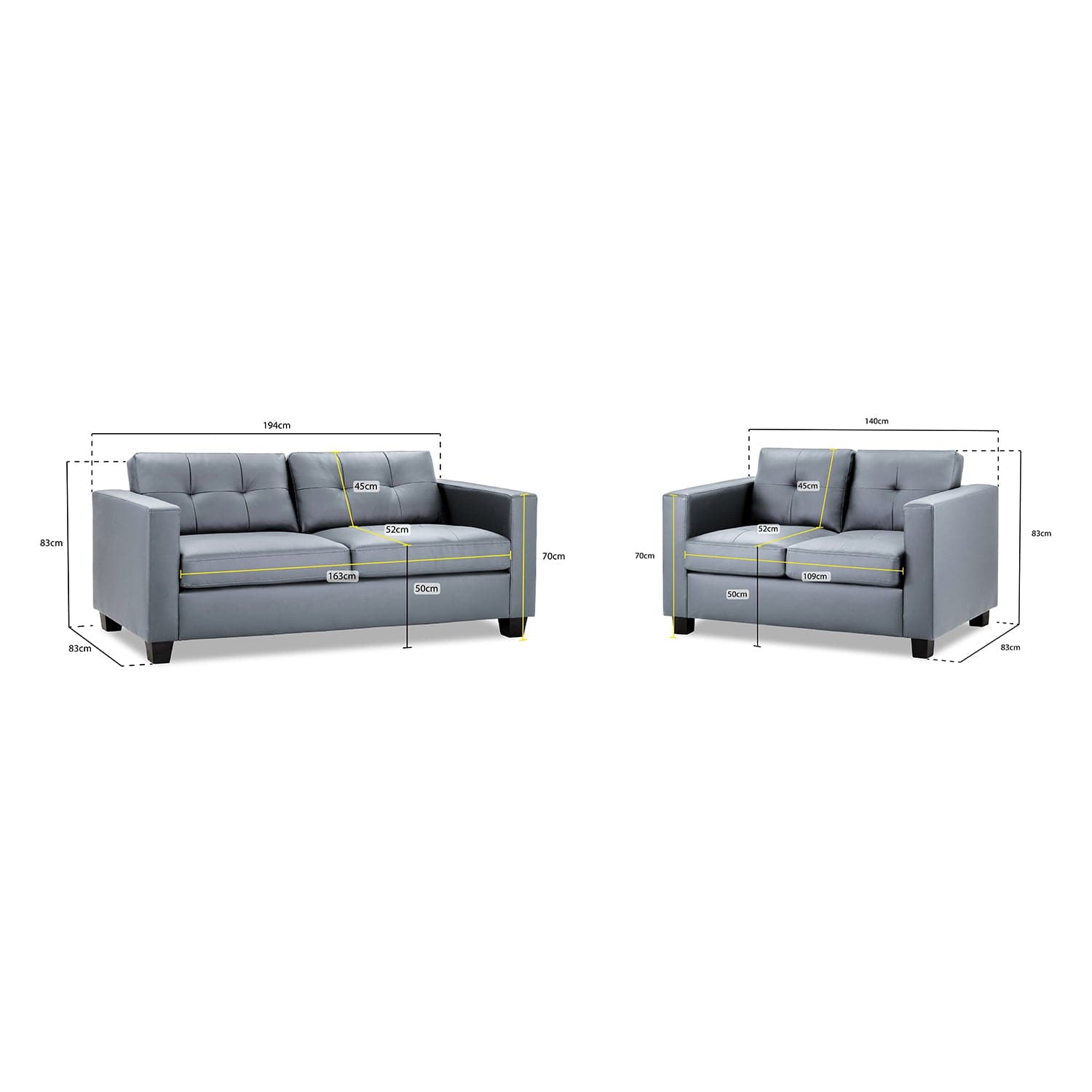 Kew Three Plus Two Seater Sofa Set in Grey - measurement view (7023852748864)