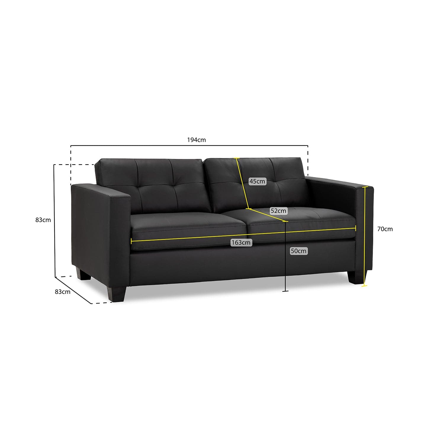 Kew Three Seater Sofa in Black - measurement view (7023847669824)