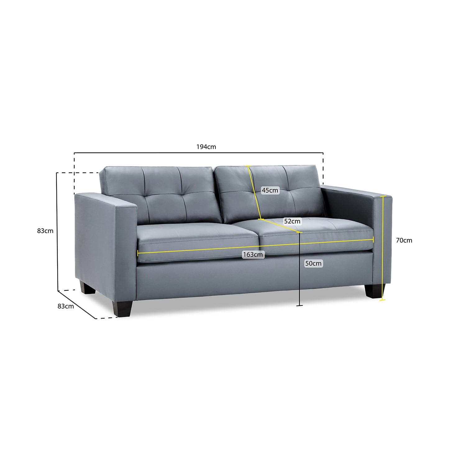 Kew Three Seater Sofa in Grey - measurement view (7023855730752)