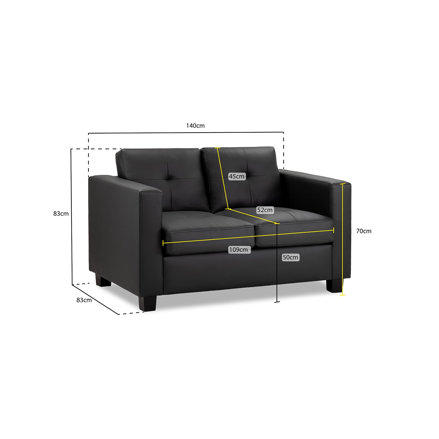 Kew Two Seater Sofa in Black - measurement view (7023849472064)