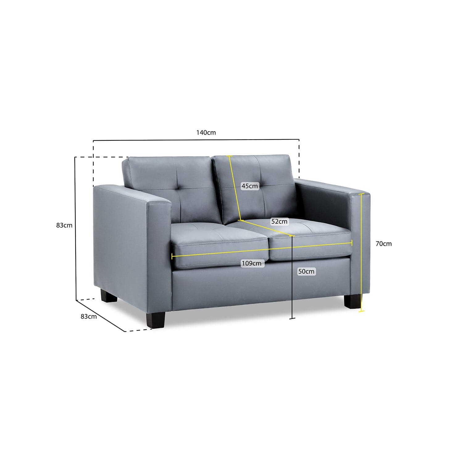 Kew Two Seater Sofa in Grey - measurement view (7023863529536)