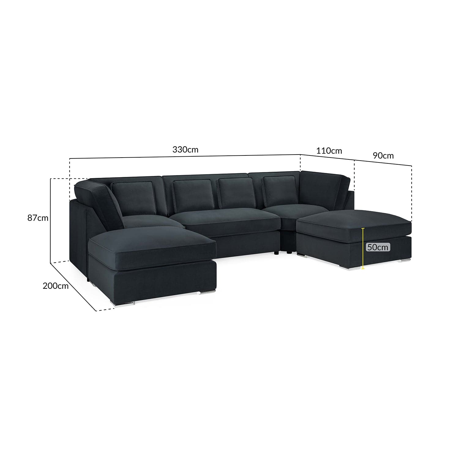 Kingsbury U Shape Corner Sofa in Slate Velvet - measurement view (7022232141888)