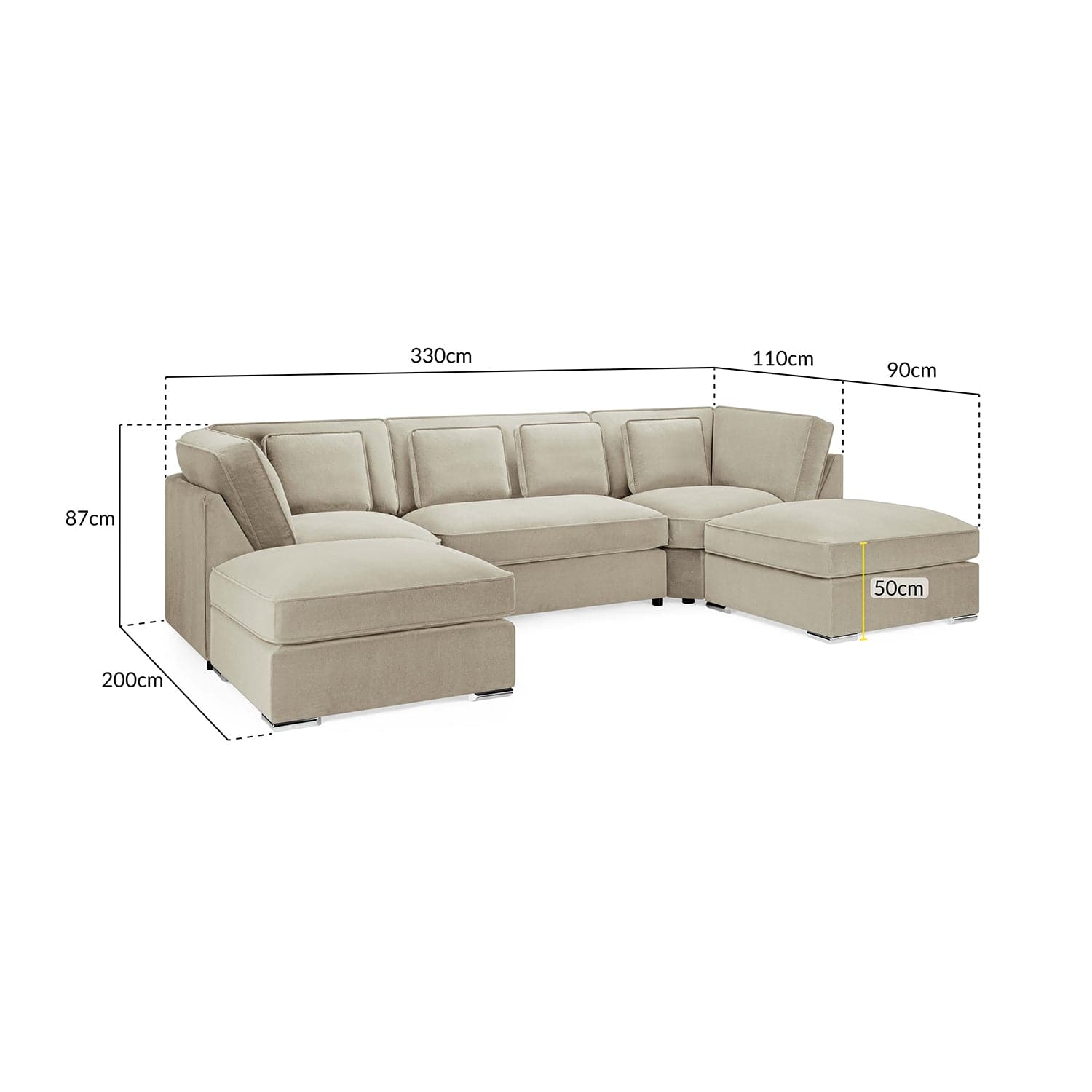 Kingsbury u shape corner sofa in beige - measurement view (7022229782592)