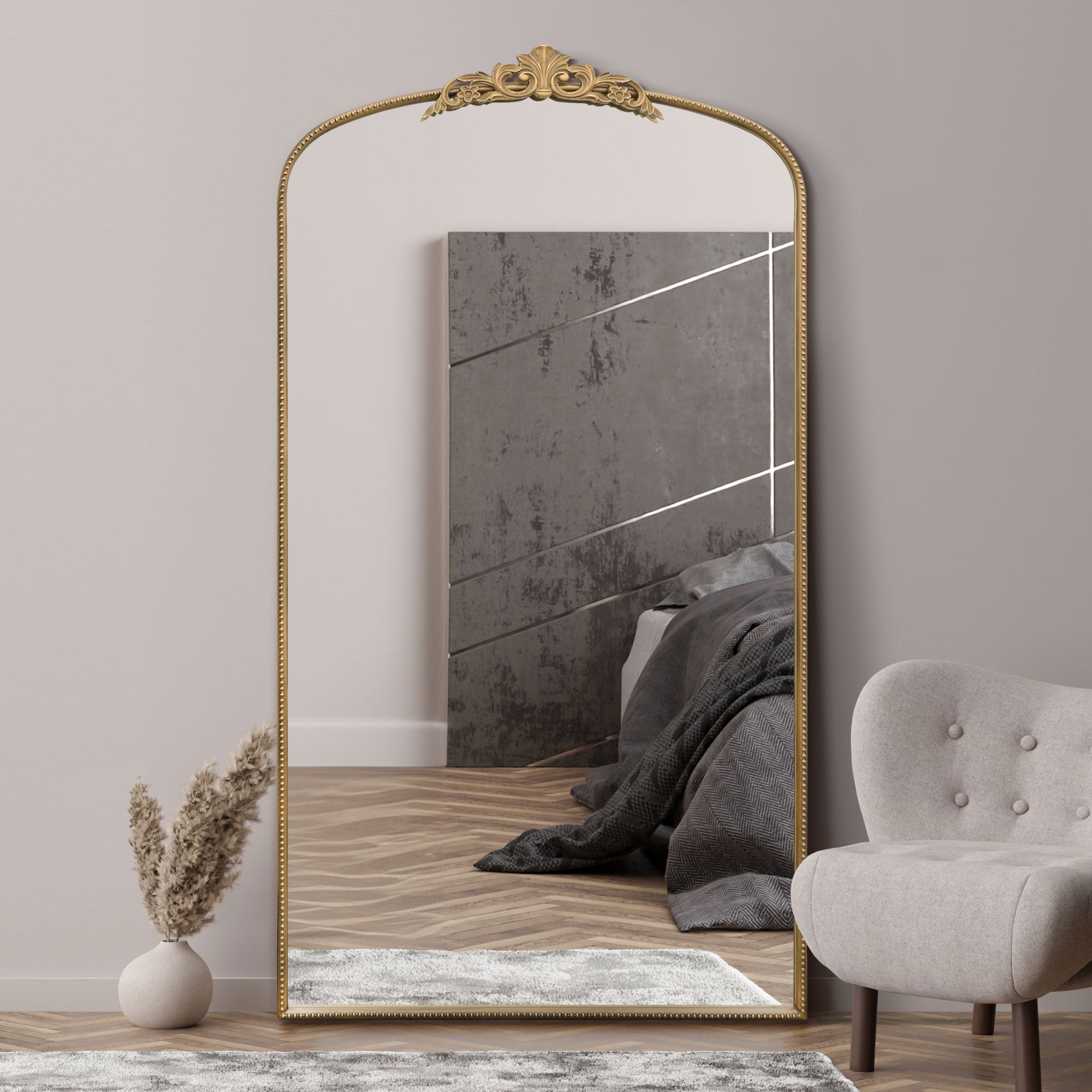 The Crown - Gold Metal Framed Arched Wall Mirror with Decorative Crown 68" X 38" (174CM X 96CM) (15010561360250)
