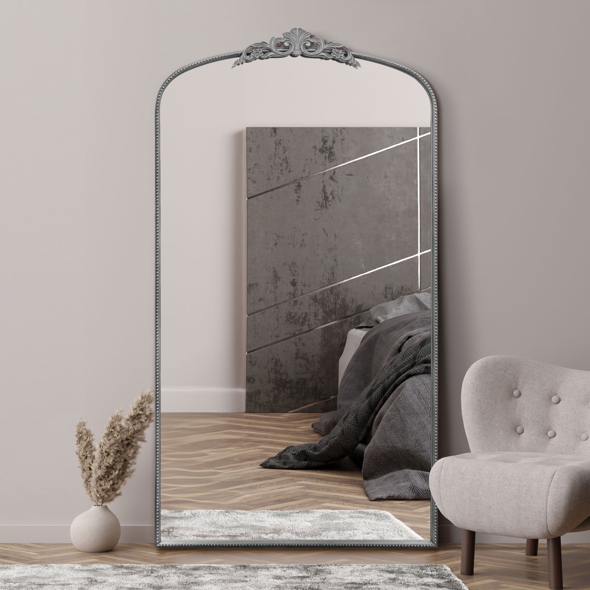 The Crown - Silver Metal Framed Arched Wall Mirror with Decorative Crown 68" X 38" (174CM X 96CM) (15010561425786)