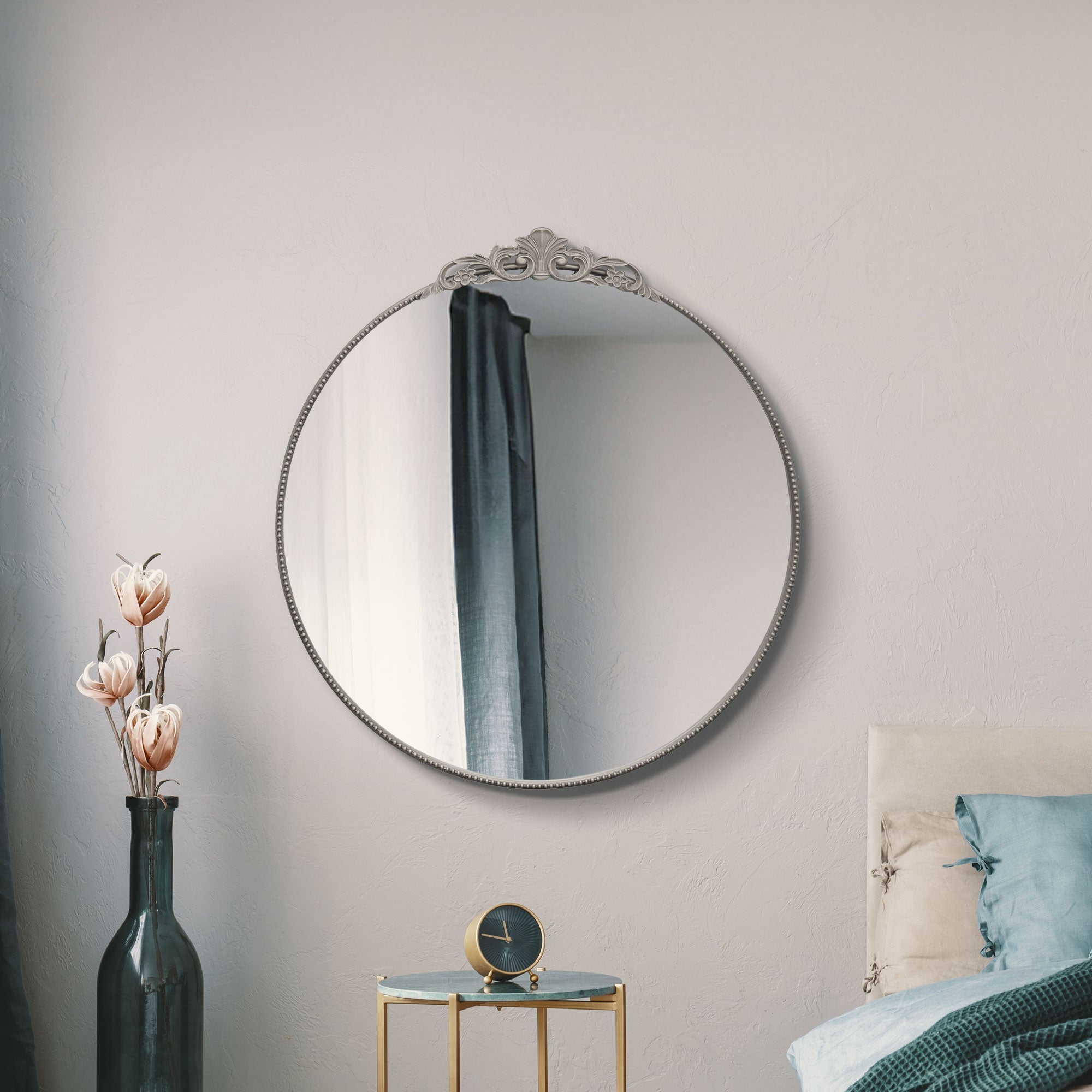 The Crown - Silver Metal Framed Round Decorative Wall Mirror 39" X 39" (100x100CM) (15010561524090)