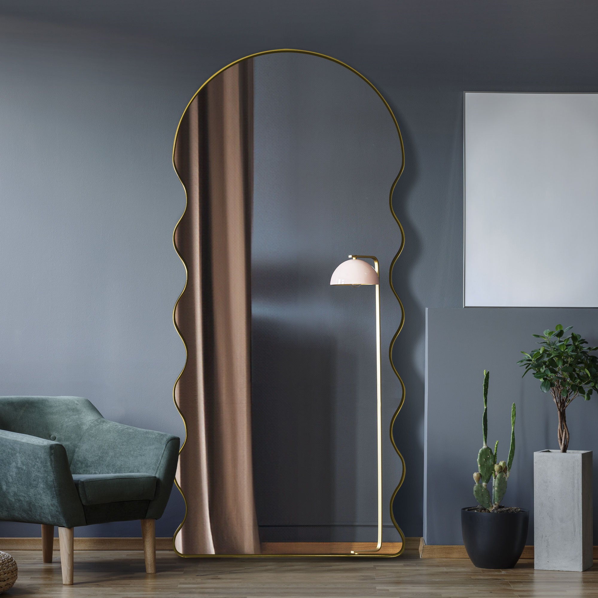 The Fluctus - New Gold Metal Dome Arch Topped Wavy Tray Effect Frame Wall Mirror 71" X 31" (180CM X 80CM). (15010561851770)